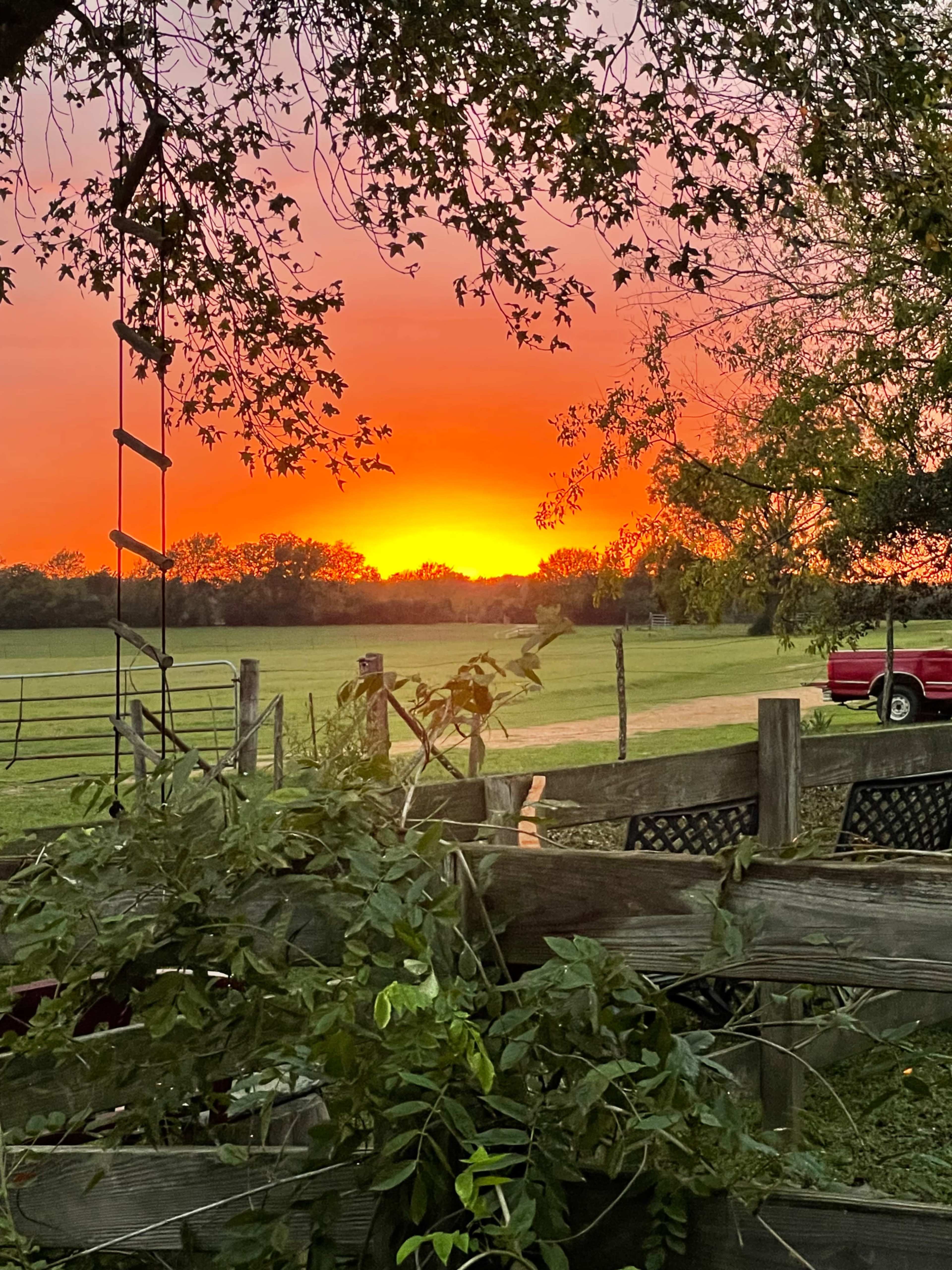 The sun sets behind a fenced pasture, casting a vibrant orange glow in the sky.