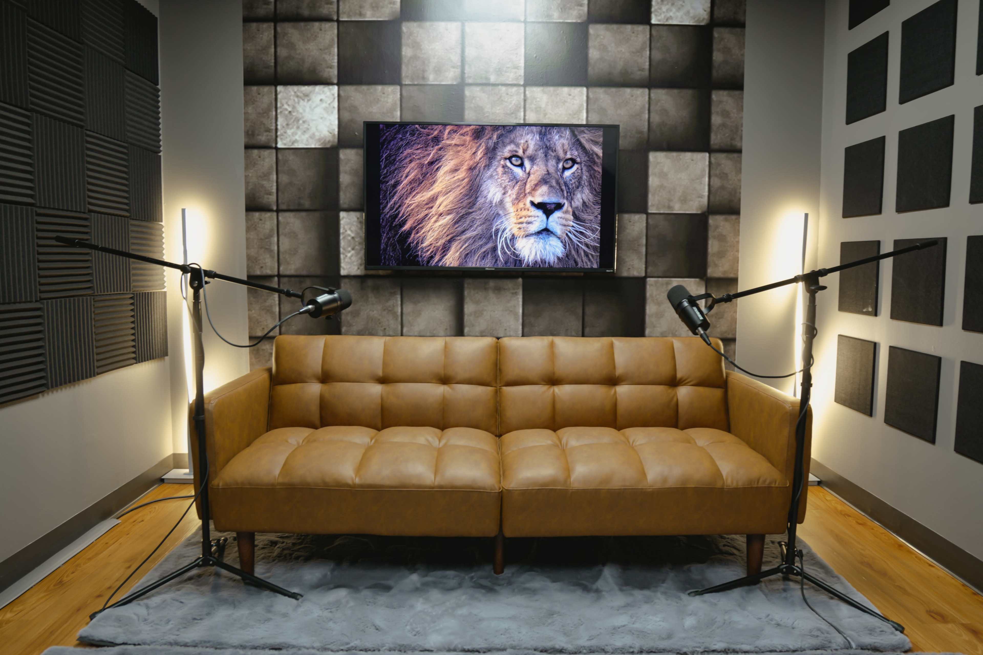 A modern recording studio with a brown leather couch, two microphones, and a large TV displaying a lion, surrounded by soundproofing panels.