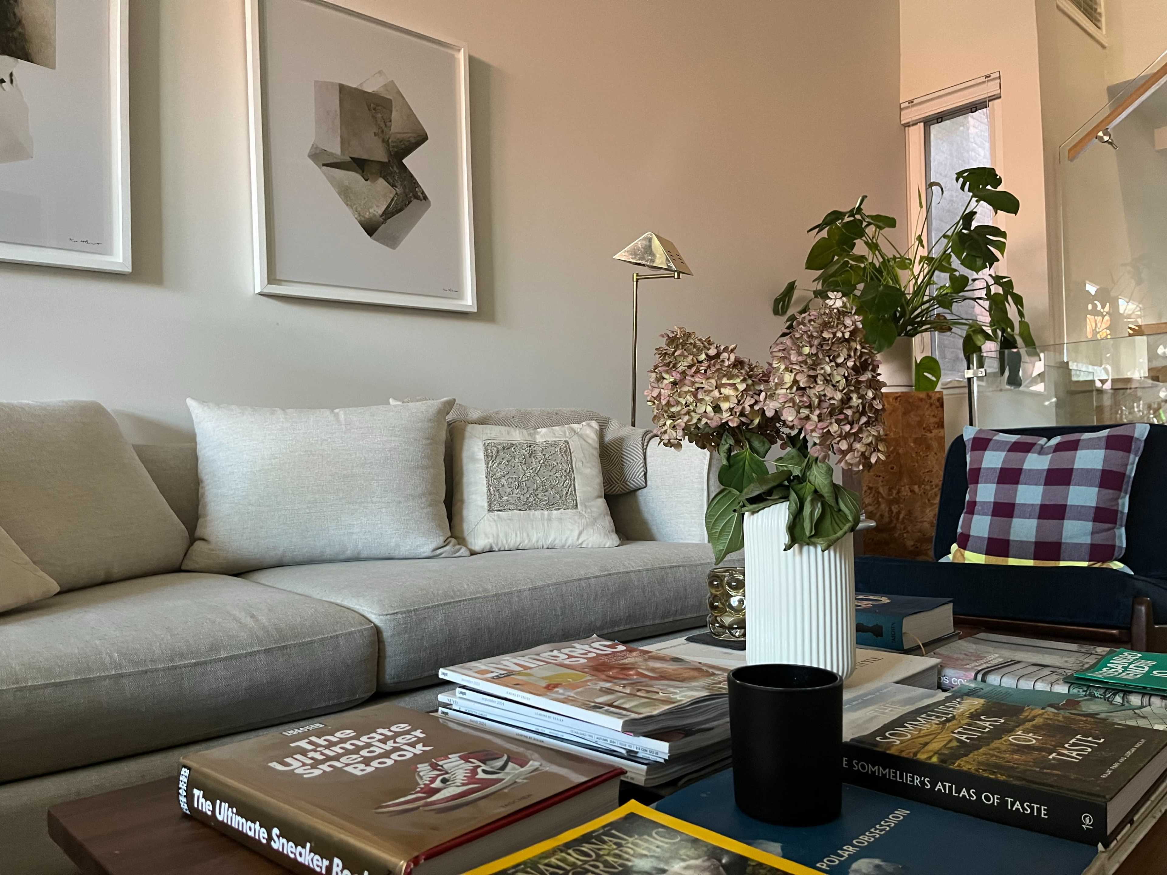 A light-colored sofa is positioned in a living room with framed art on the wall, a variety of books stacked on a coffee table, a vase of flowers, and a potted plant in the background.