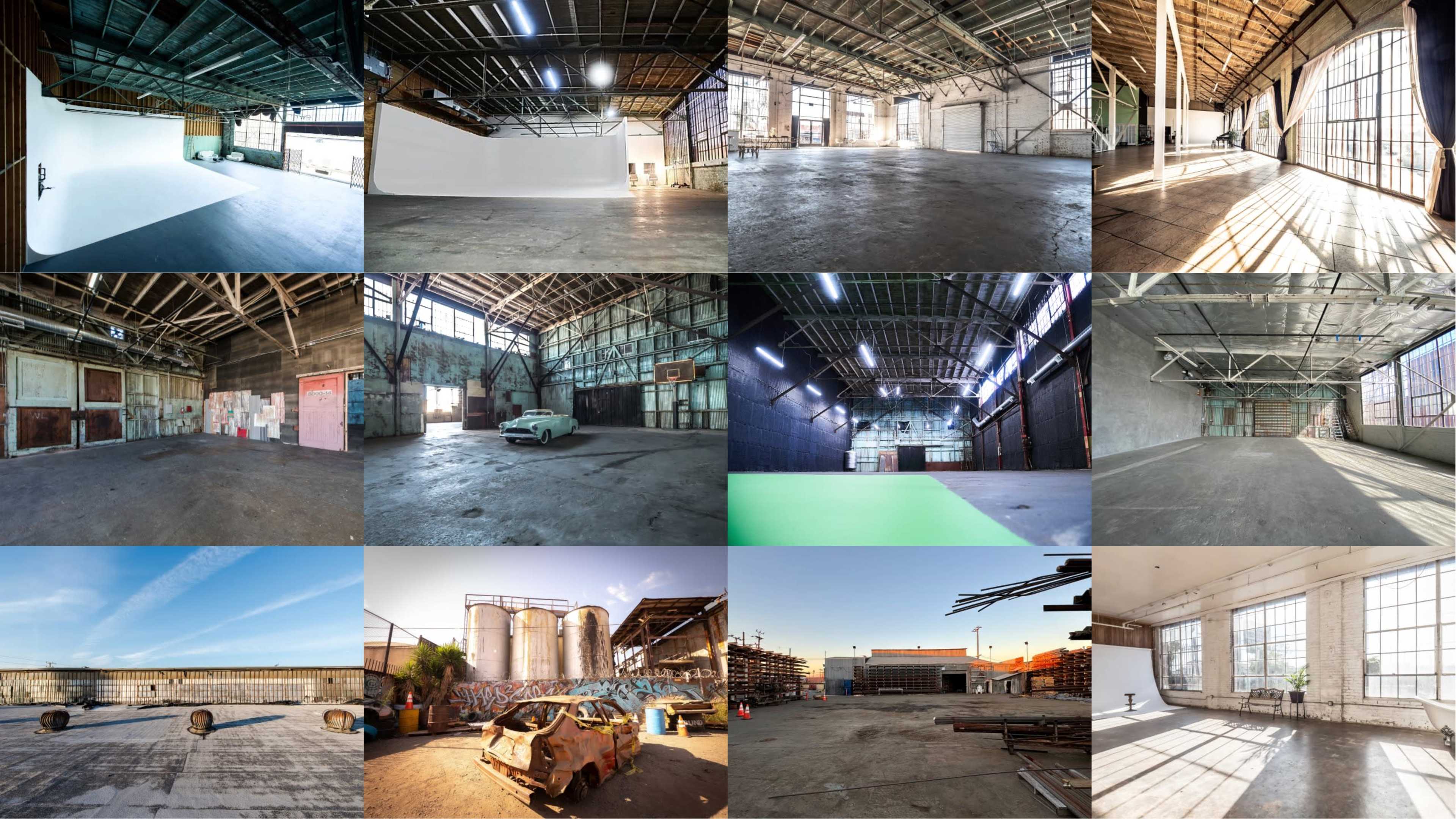 The image features a collage of various spacious industrial settings, showcasing open areas, high ceilings, and different lighting conditions, including both empty studios and locations with remnants of equipment and vehicles.