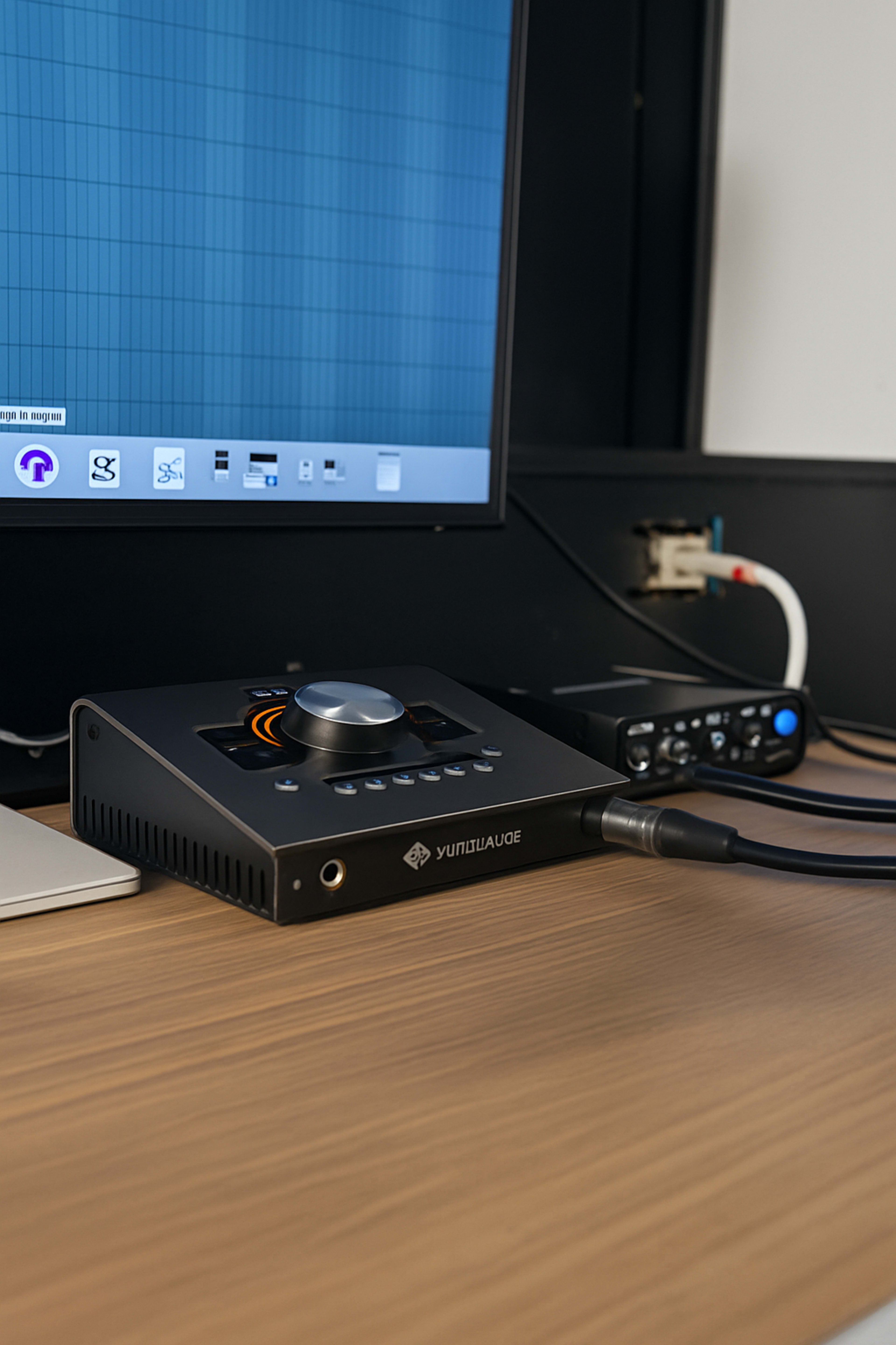 A digital audio interface is set on a desk next to a computer monitor displaying audio editing software.
