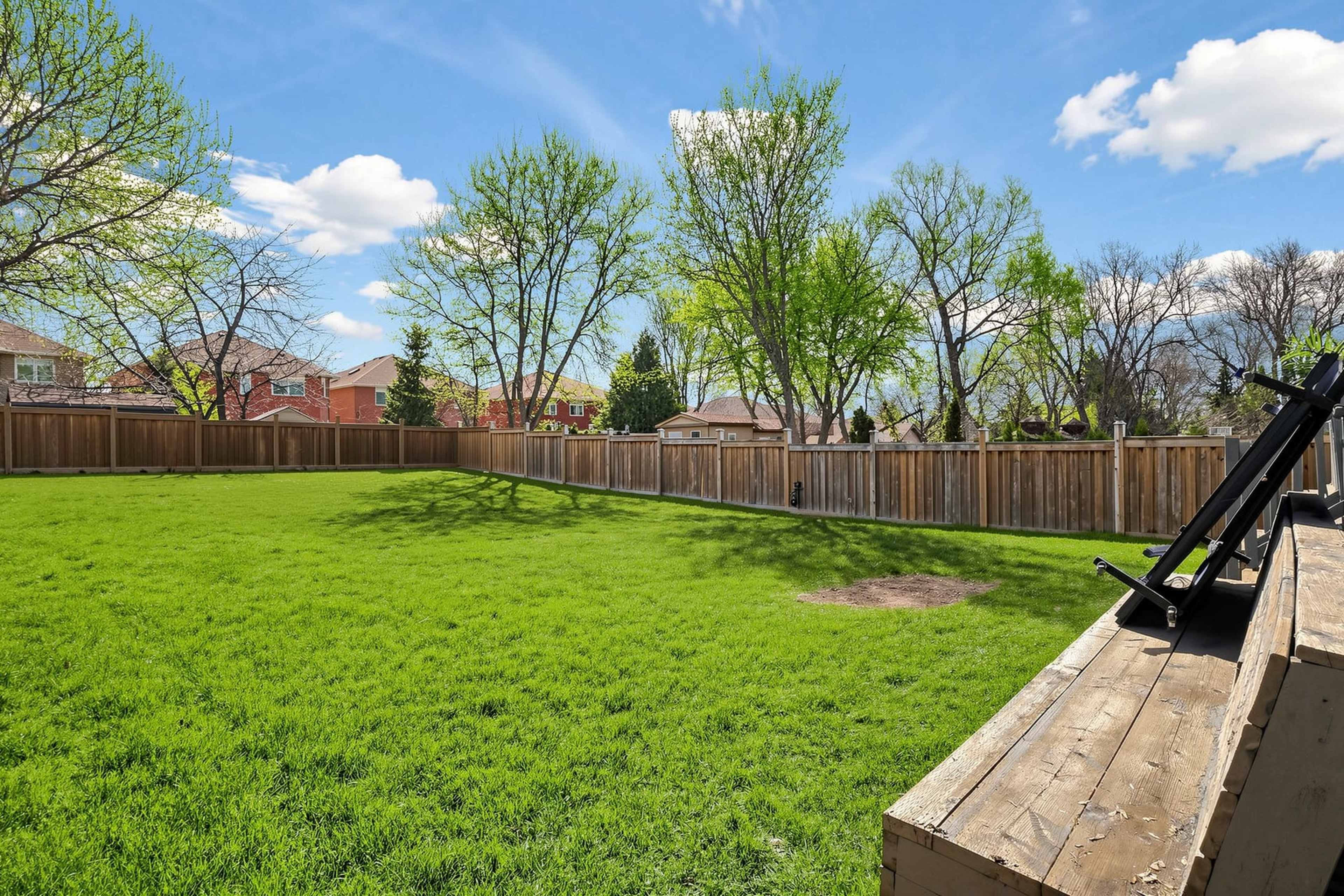 The image shows a large, grassy backyard enclosed by a wooden fence and lined with leafless trees under a blue sky with scattered clouds.