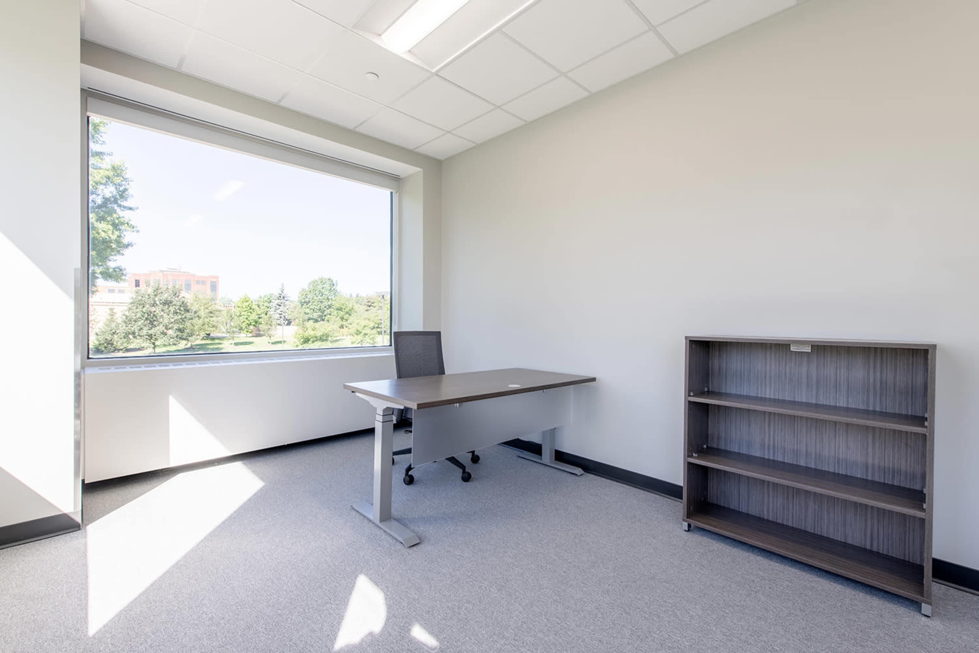 The image shows a vacant office space with a desk, a chair, and a bookshelf beside a large window letting in natural light.