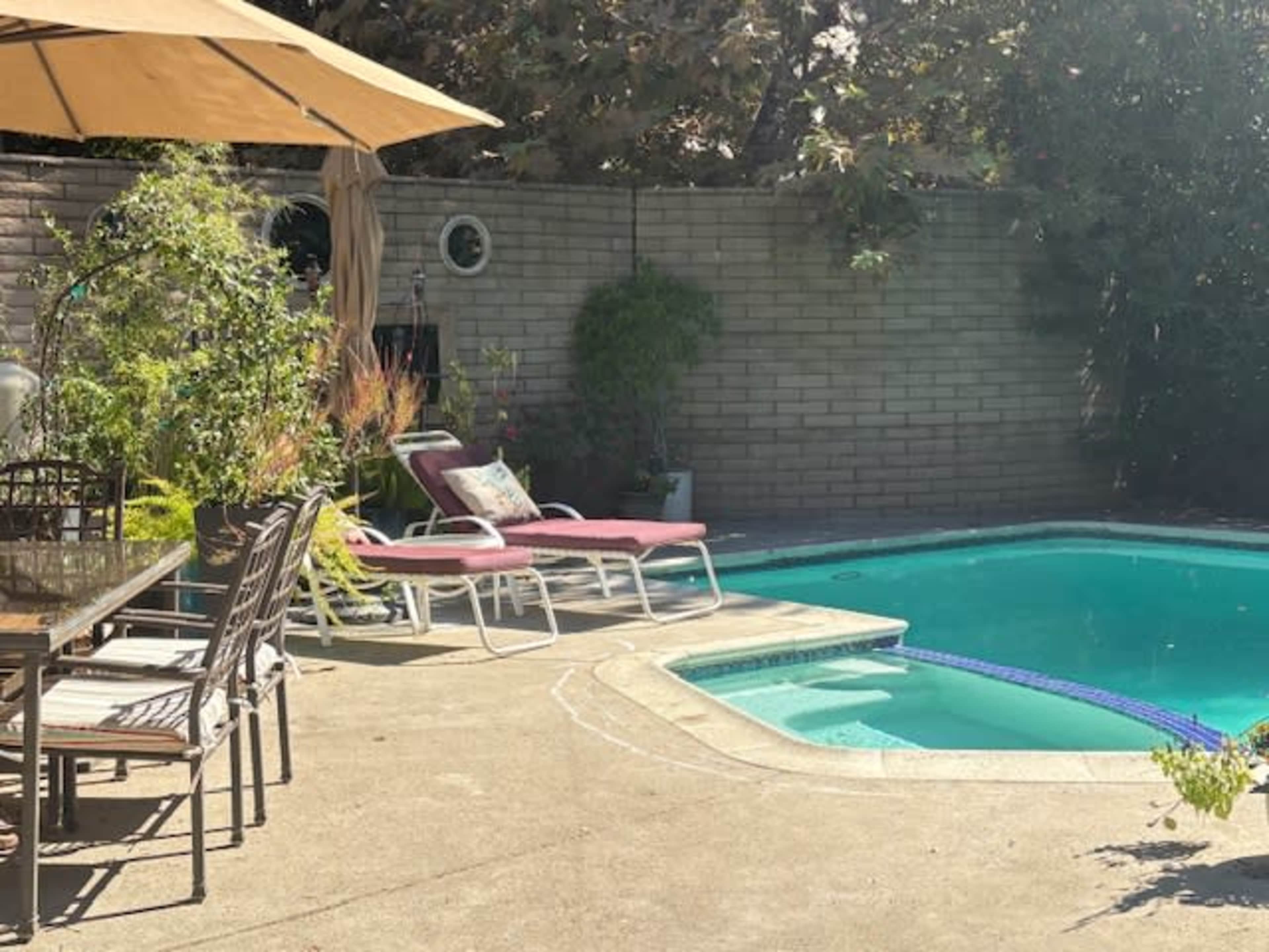 A pool area features lounge chairs and a dining table surrounded by greenery.
