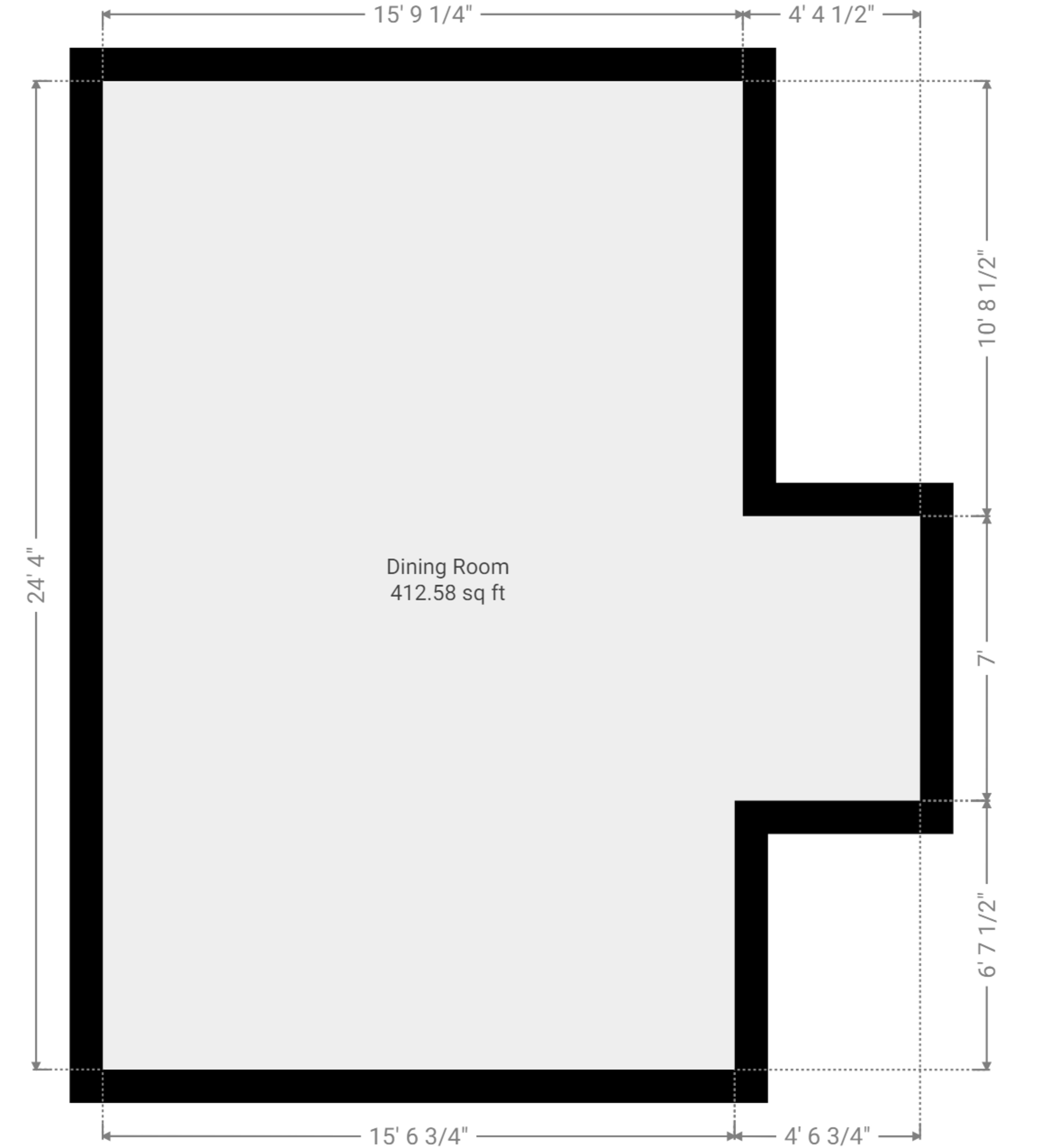 A floor plan of a dining room with specific measurements and dimensions indicated.