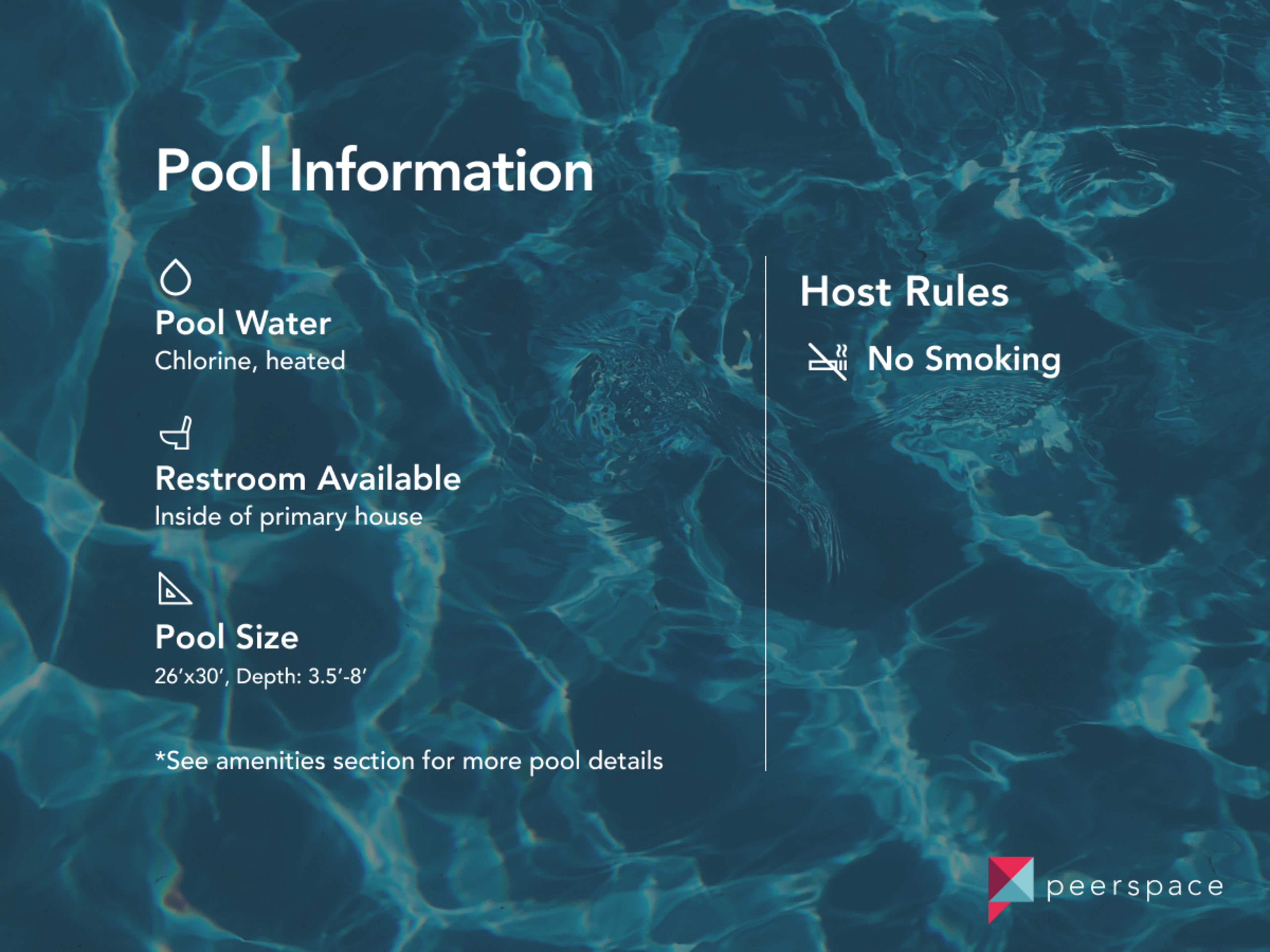 Information about a pool, including details on water type, restroom availability, pool size, and rules for the host.