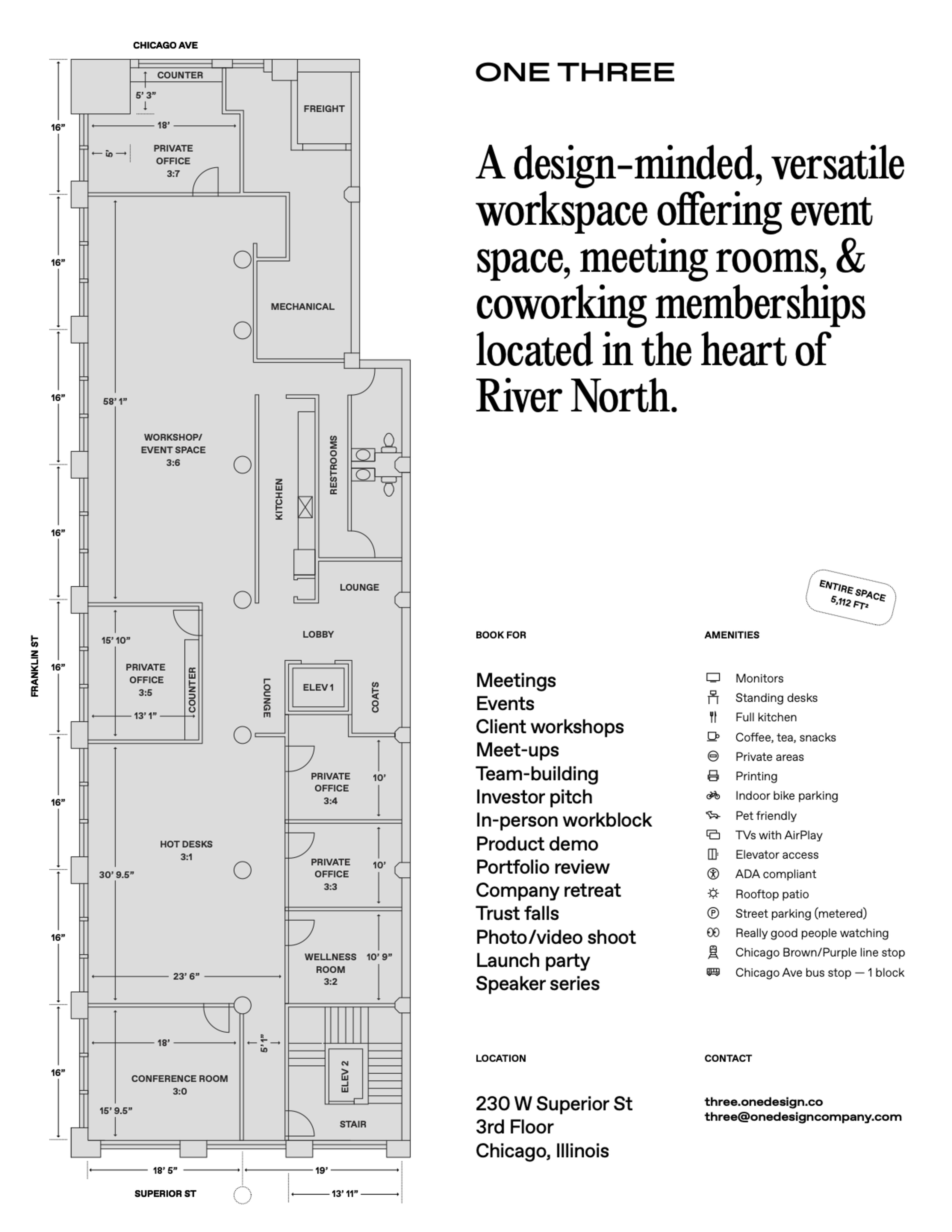 The image is a floor plan of a workspace located at 230 W Superior St, Chicago, illustrating various rooms for meetings, events, and coworking areas.