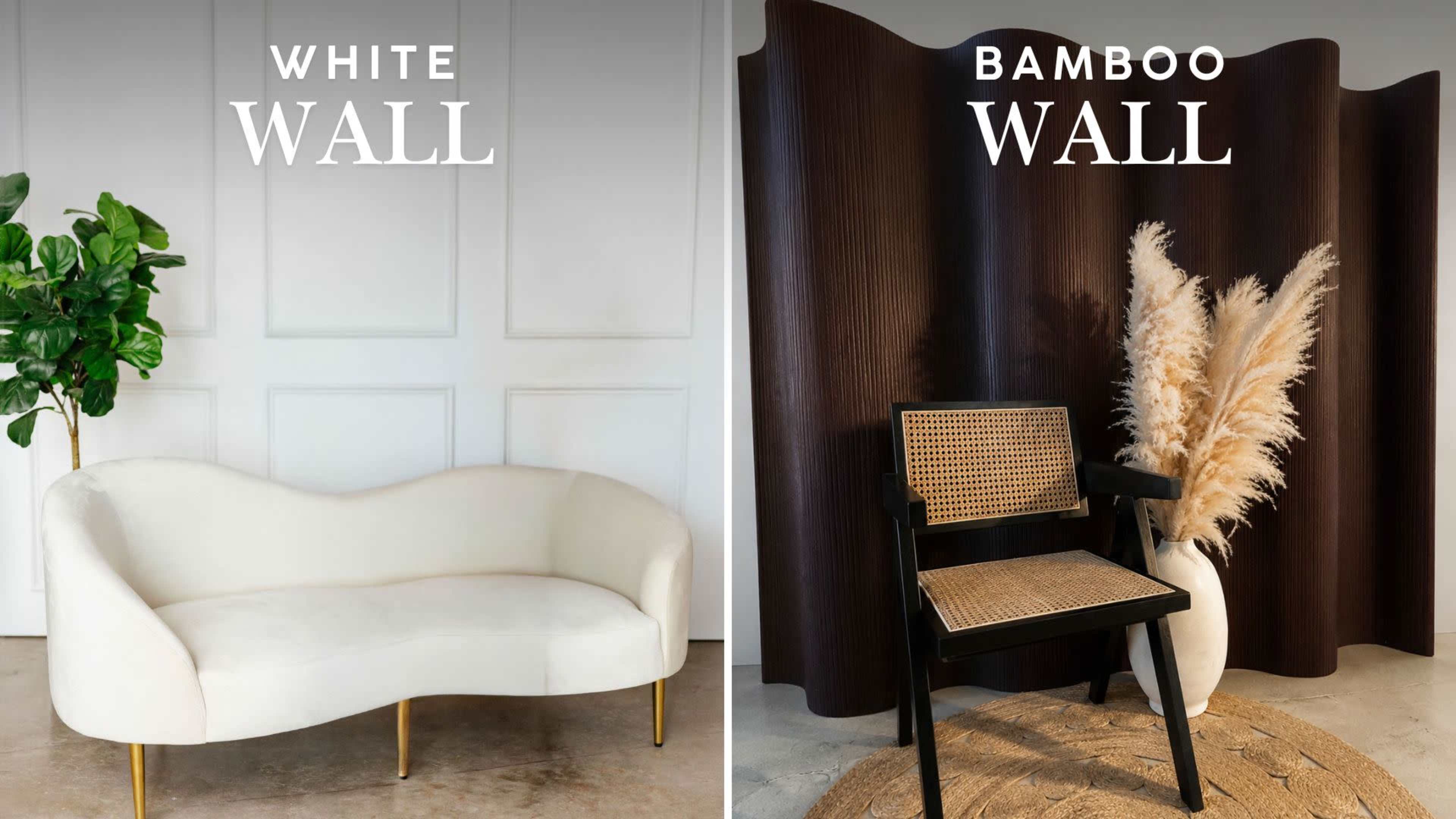 The image shows two interior design setups: one featuring a white wall with a curved white couch and a plant, and the other showcasing a bamboo wall with a chair and decorative pampas grass.