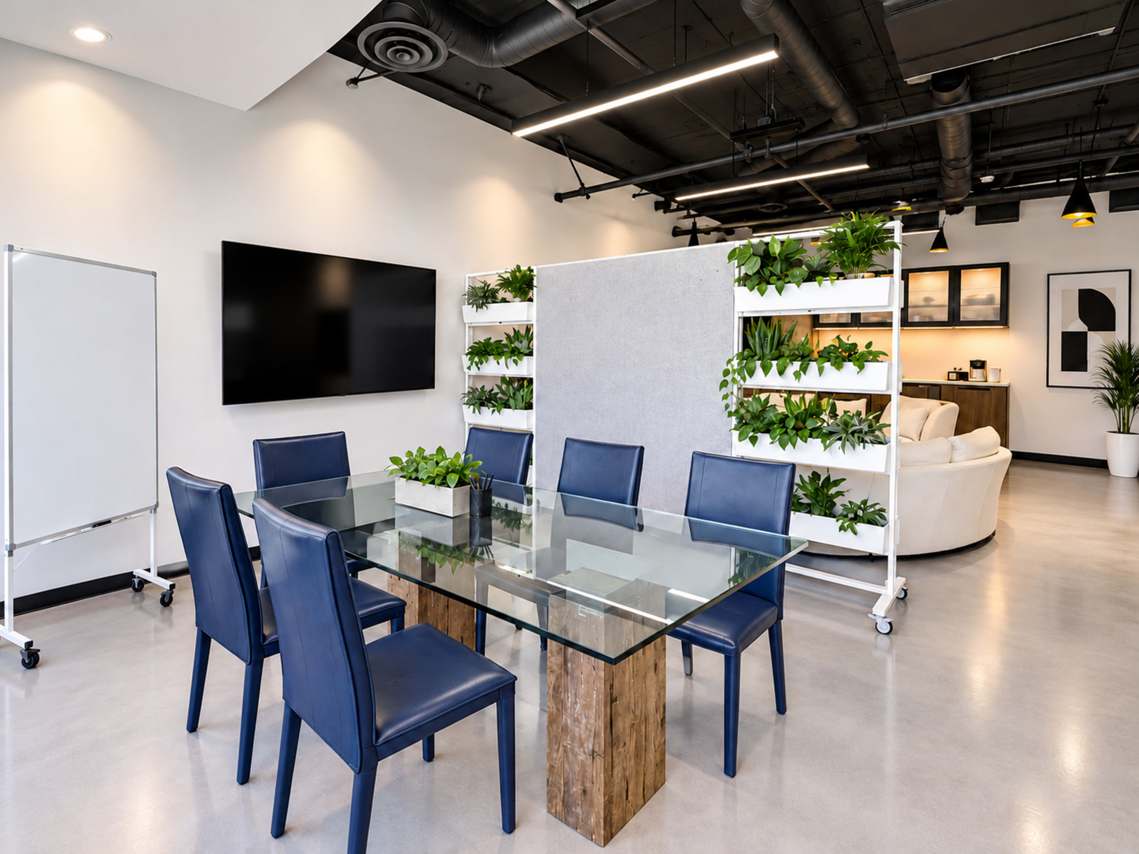 A modern conference room features a glass table surrounded by blue chairs, with a green plant divider and a large screen on the wall.