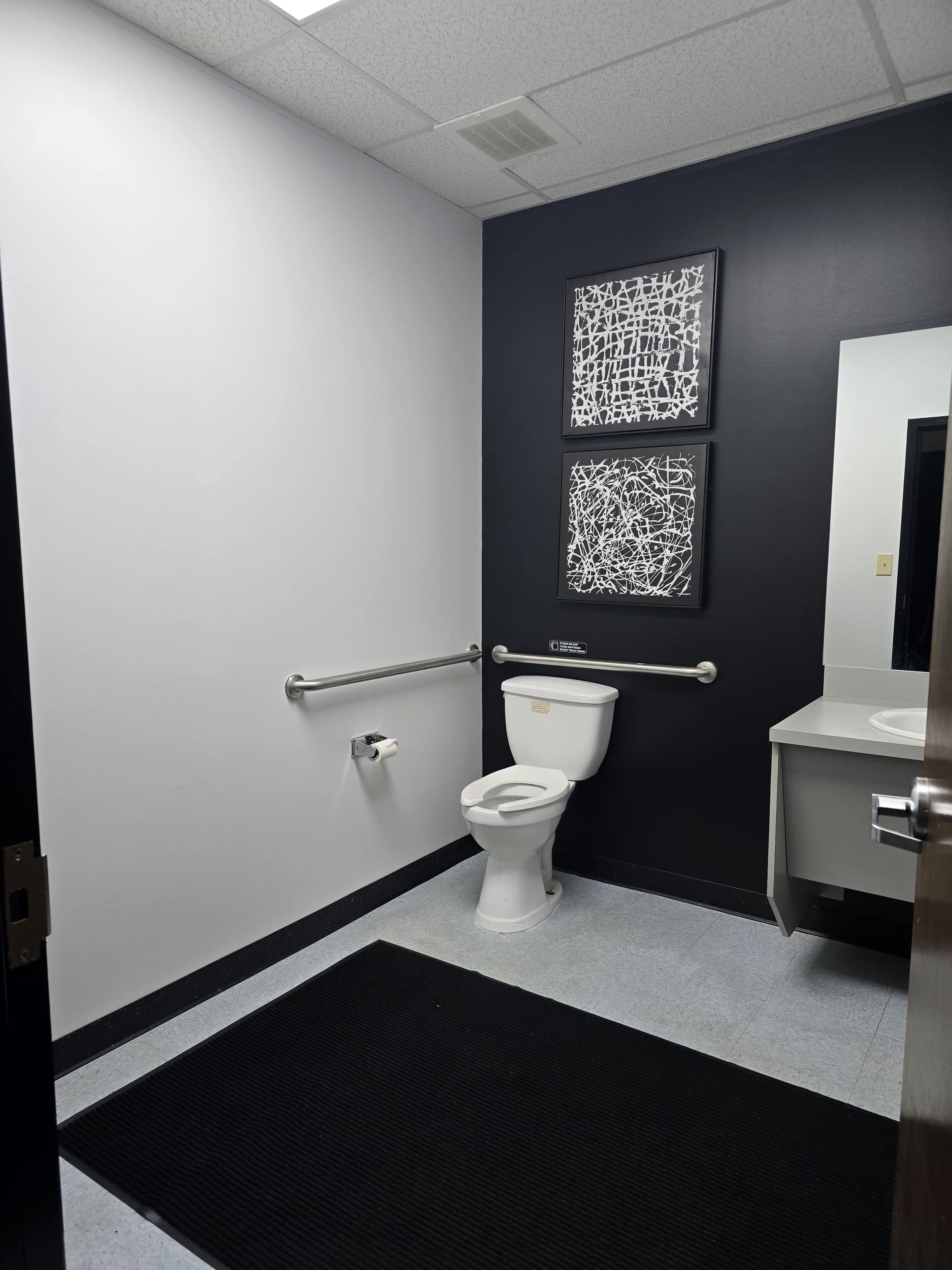 The image shows a restroom featuring a white wall, a black accent wall, a toilet with a grab bar, a sink with a mirror, and a black rug on the floor.