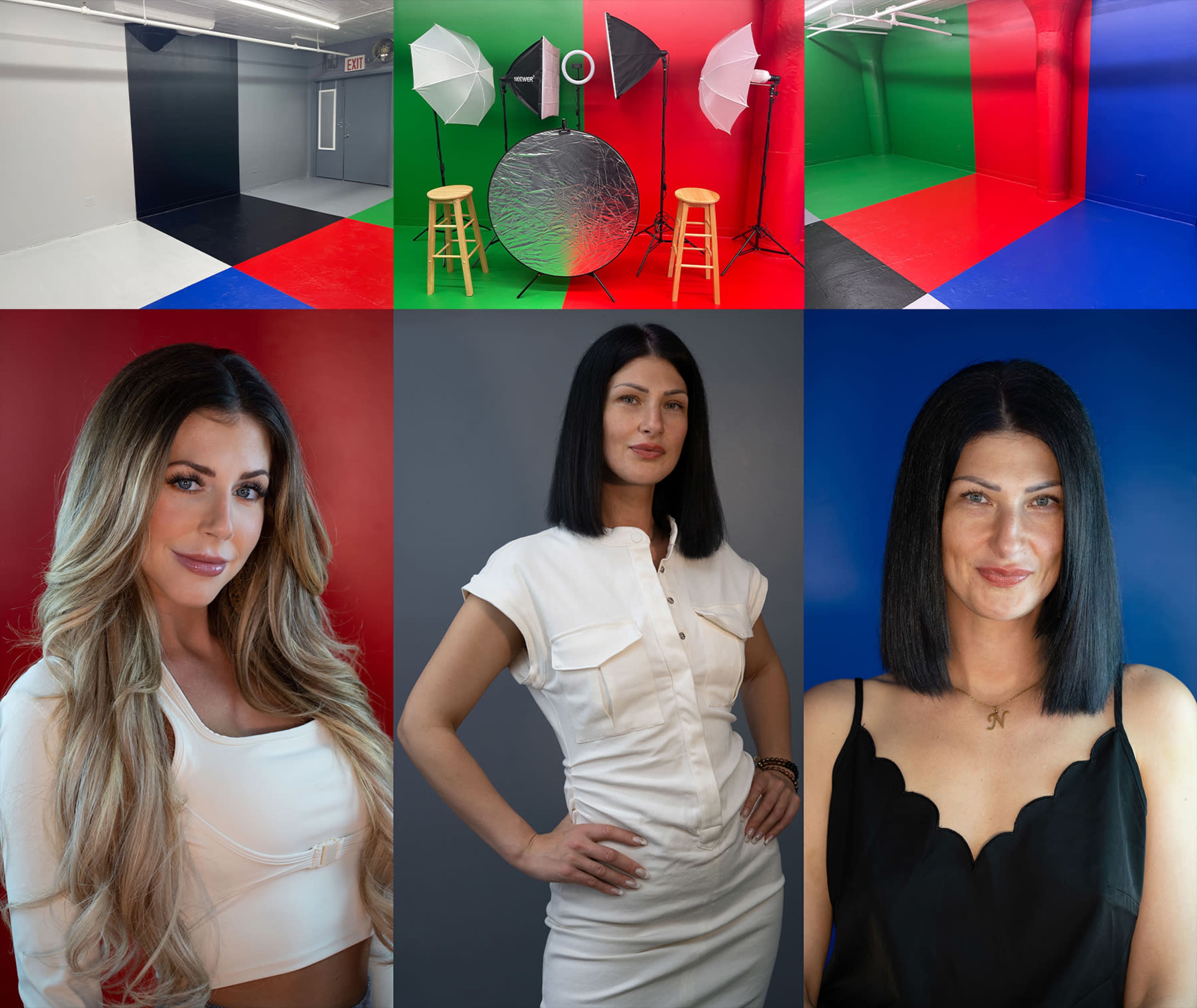 A photography studio with colored backdrops and lighting equipment, along with four portraits of a woman in various outfits and hairstyles.
