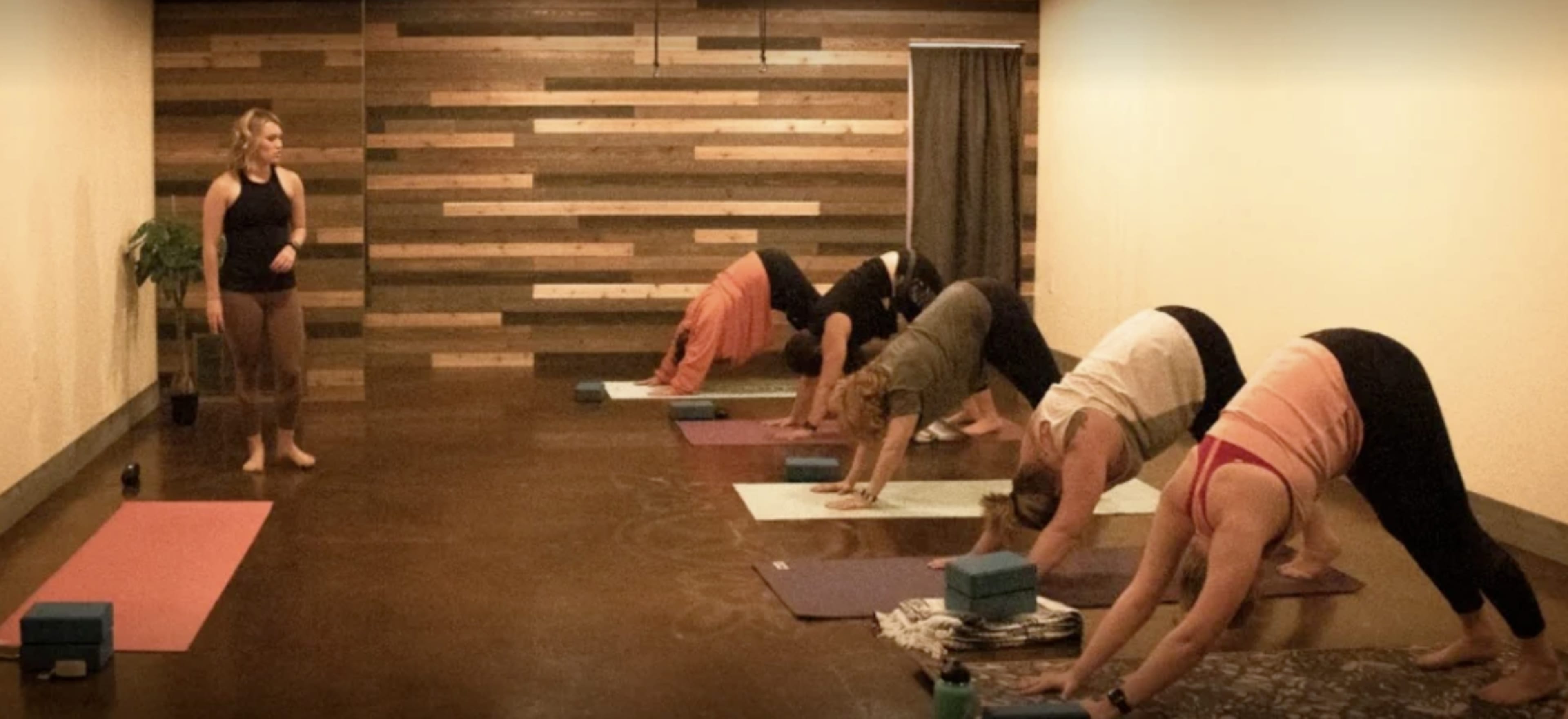 A group of people is practicing yoga in a studio, with mats arranged on the floor and one instructor guiding them.