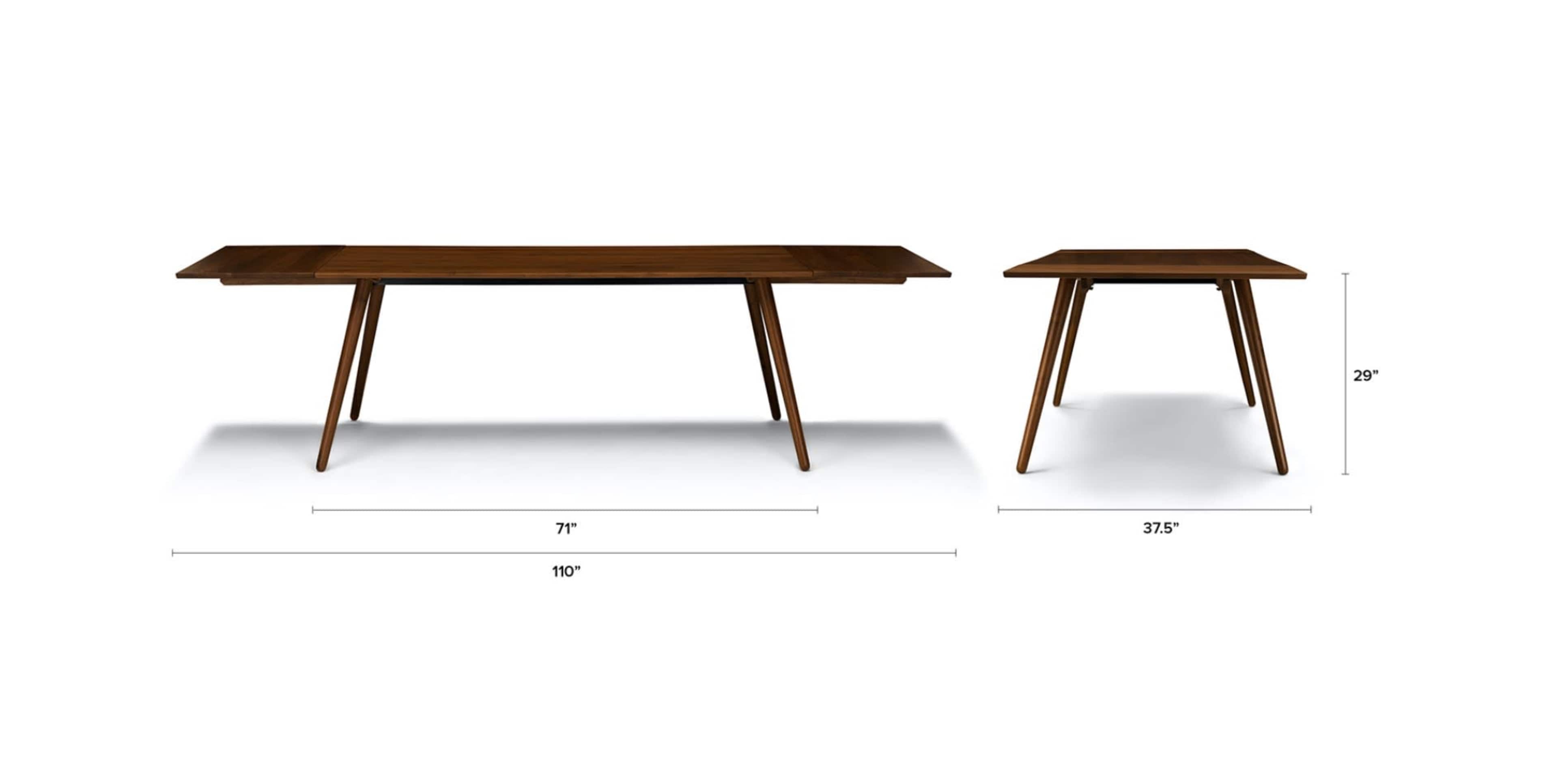 The image shows a wooden dining table with a rectangular shape and tapered legs, accompanied by a smaller, square side table, both with specified dimensions.
