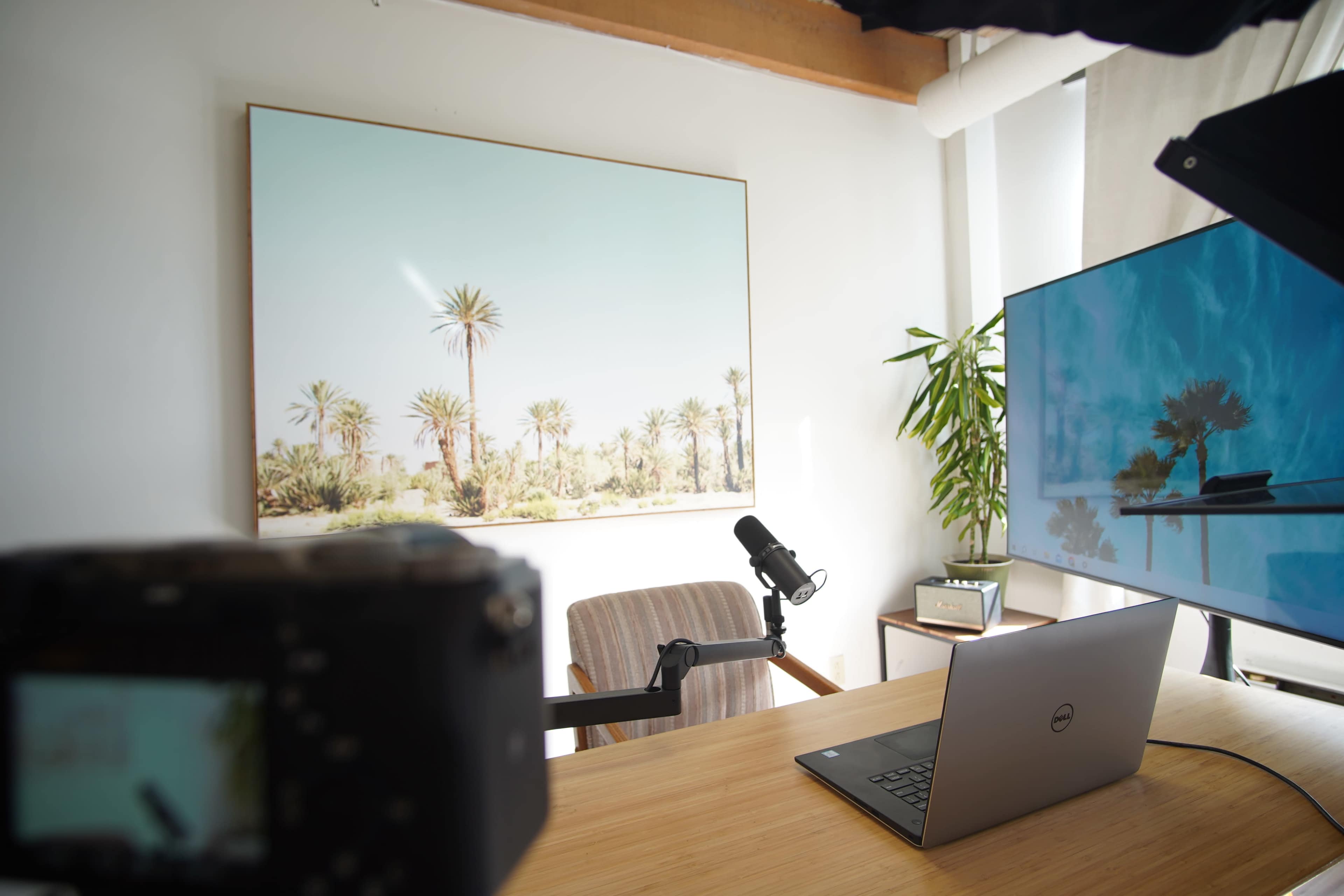 A modern workspace features a laptop, a microphone, and a palm tree artwork on the wall.