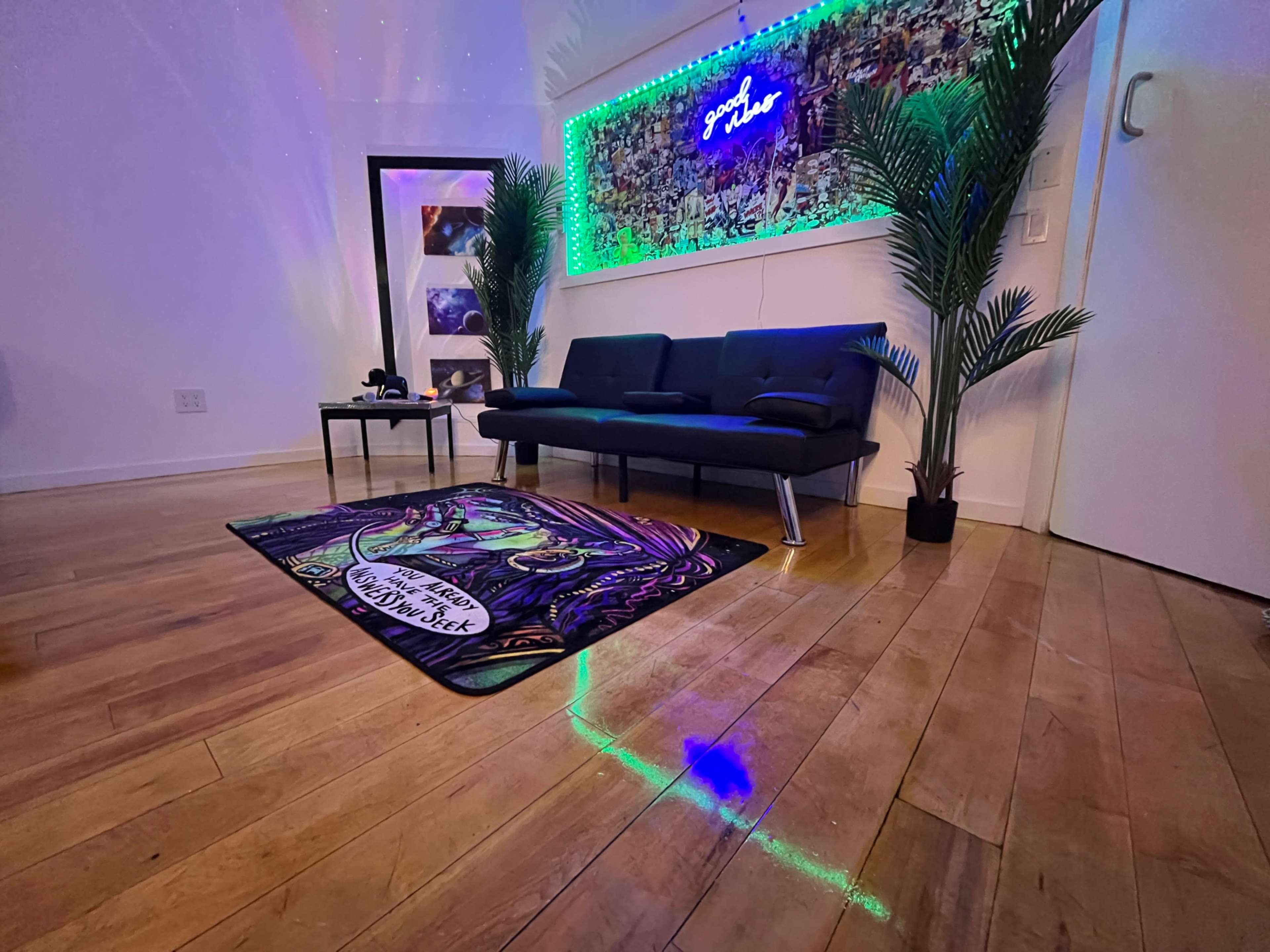 A modern living space with a black couch, green ambient lighting, and a colorful rug on wooden flooring.