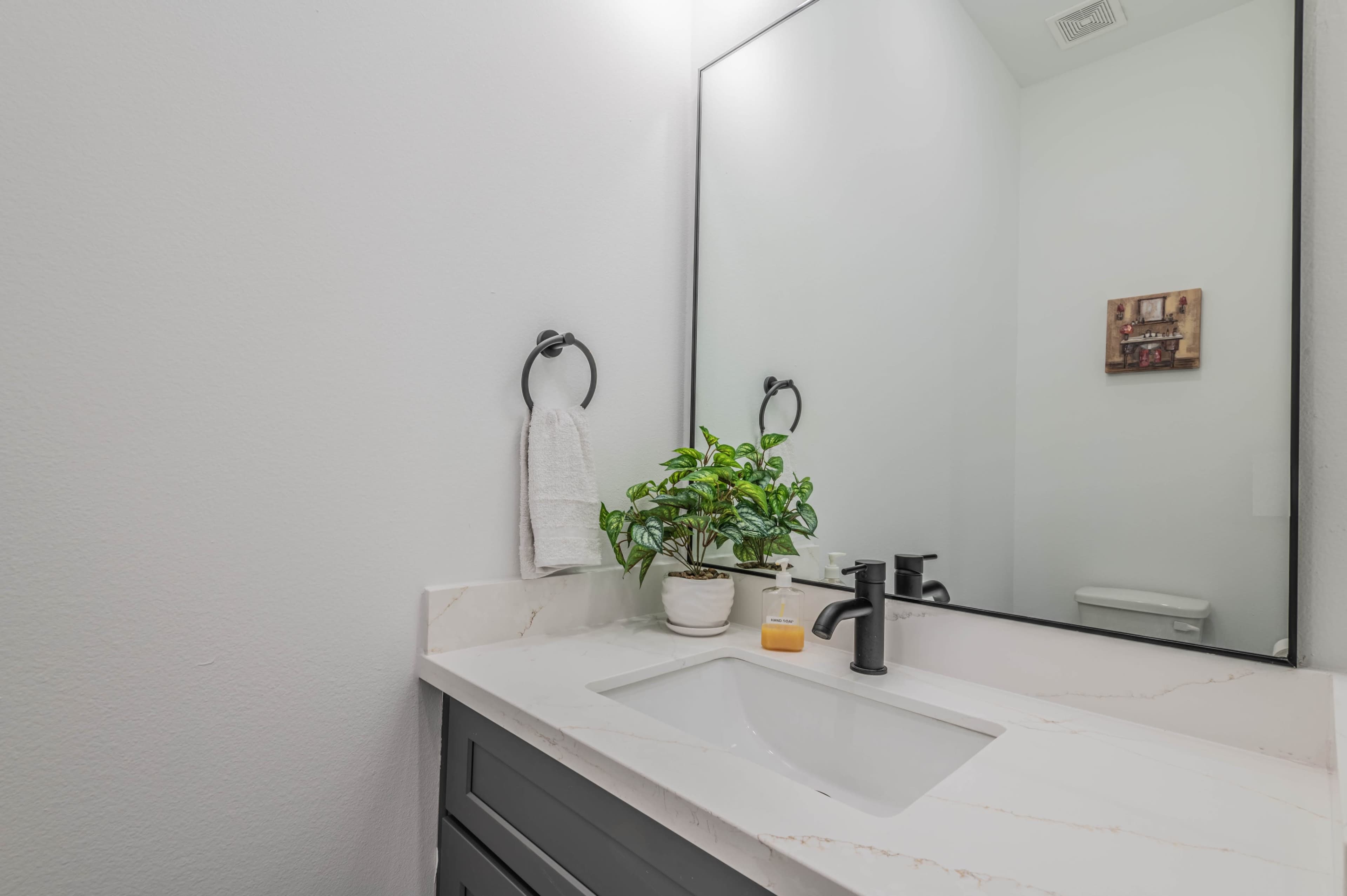 A modern bathroom with a white sink, a dark gray cabinet, a small green plant, and a mirror reflecting a minimalistic interior.