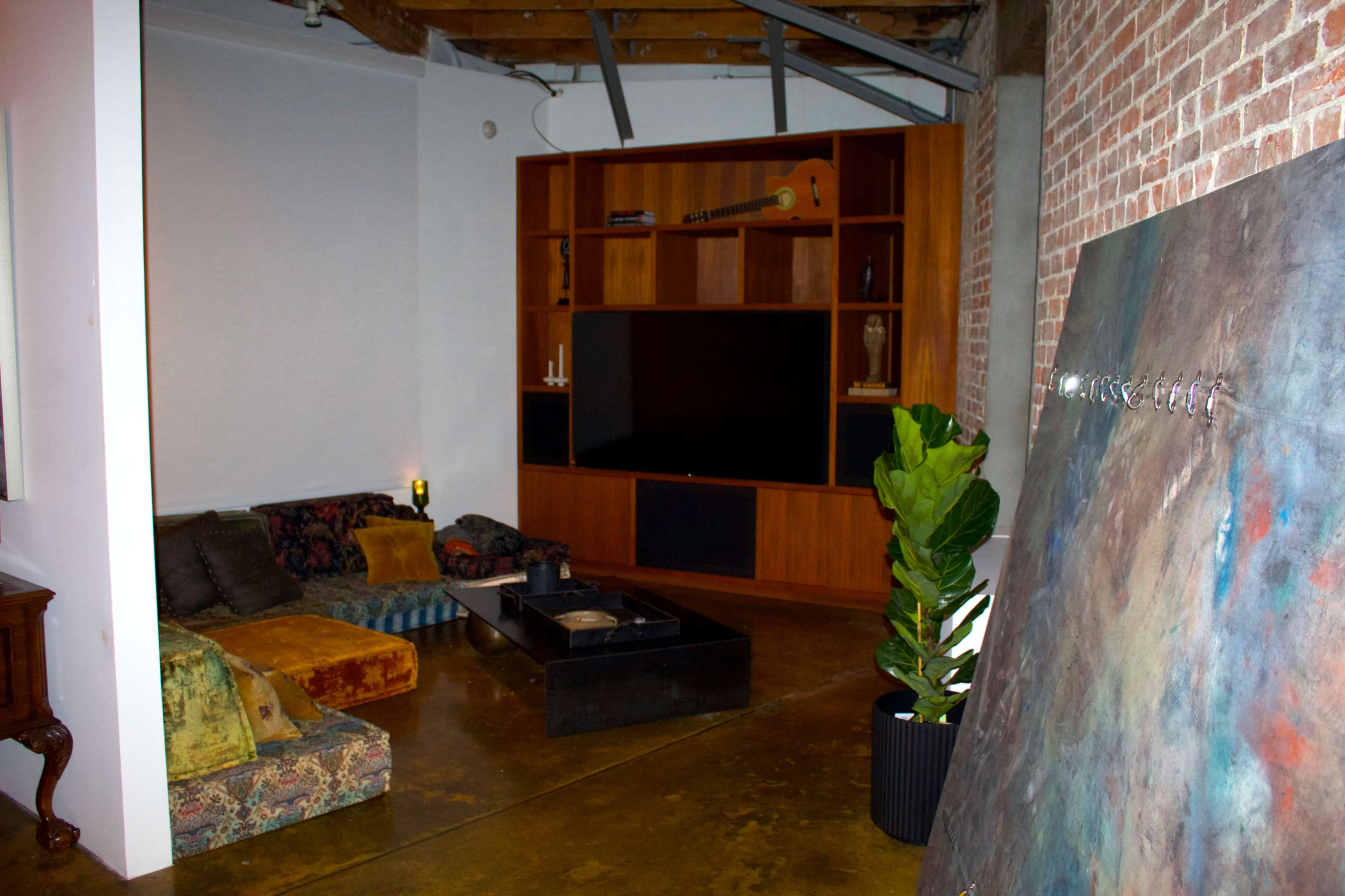 The image shows a modern living space with a combination of a sectional couch, a large television set, and a decorative wall art piece, all complemented by wooden shelving and potted plants.
