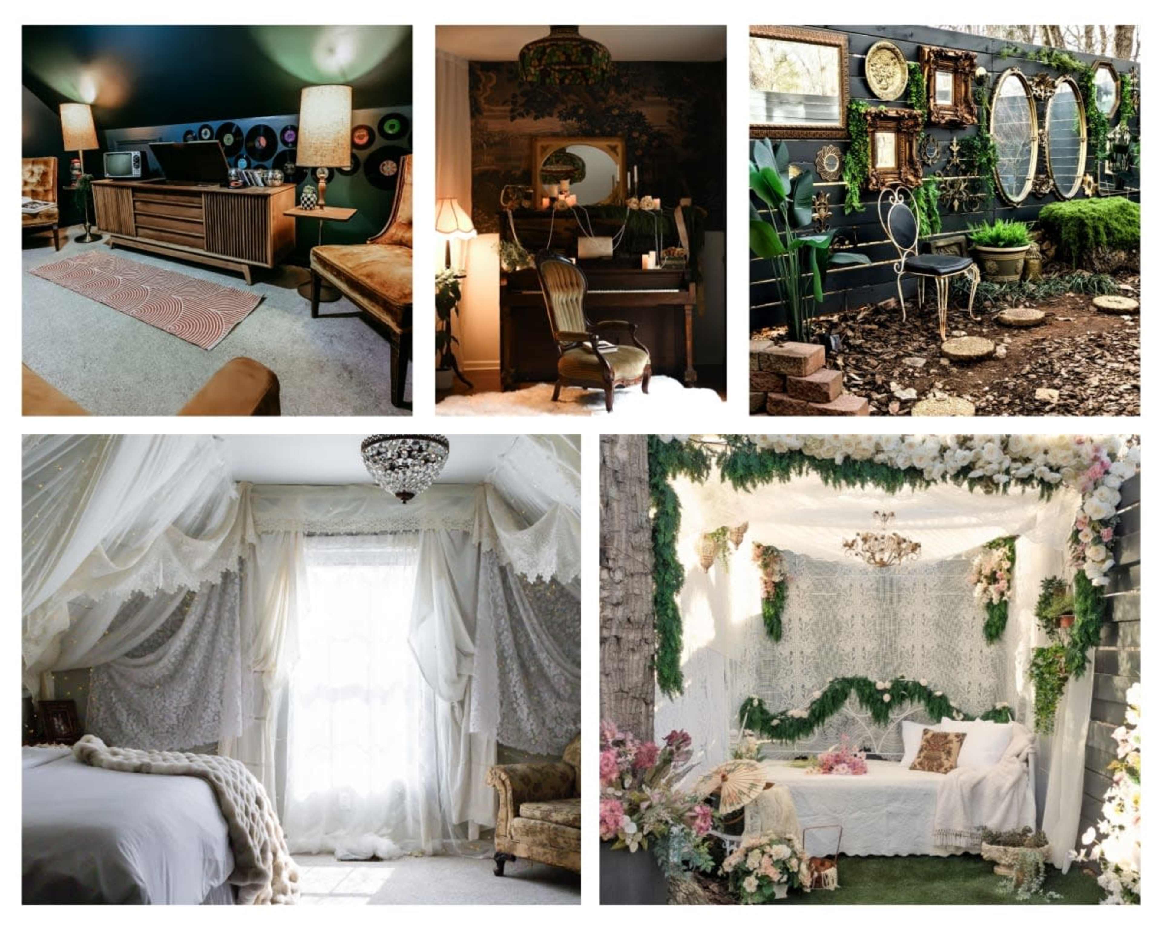The image showcases a collection of various interior design scenes, featuring a retro-themed living room, a vintage-style office, an outdoor space adorned with mirrors, a soft-lit bedroom, and a floral-decorated lounge area.