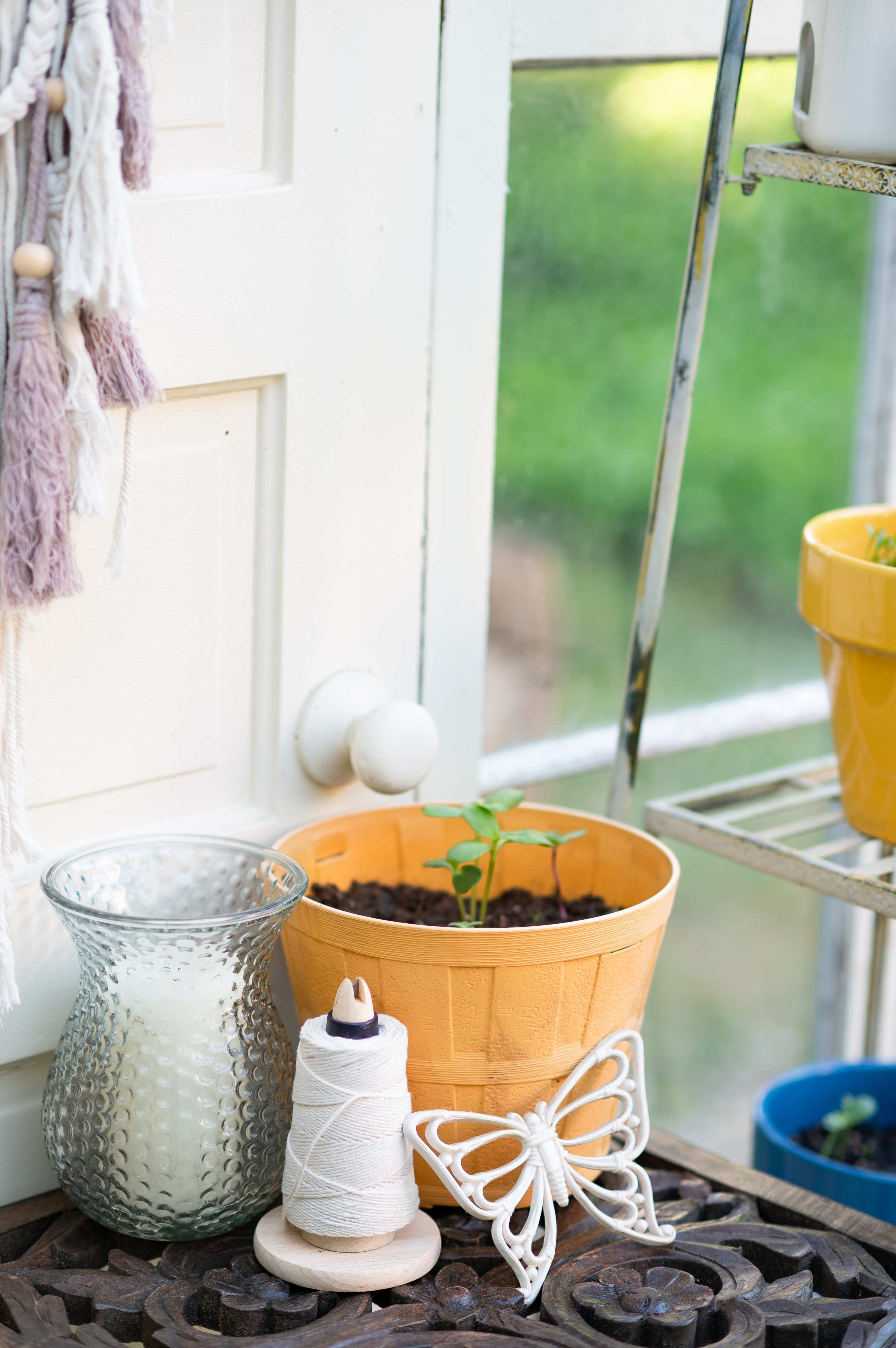 A potted plant sits beside a glass candle holder and a spool of thread on a windowsill, with a garden view in the background.