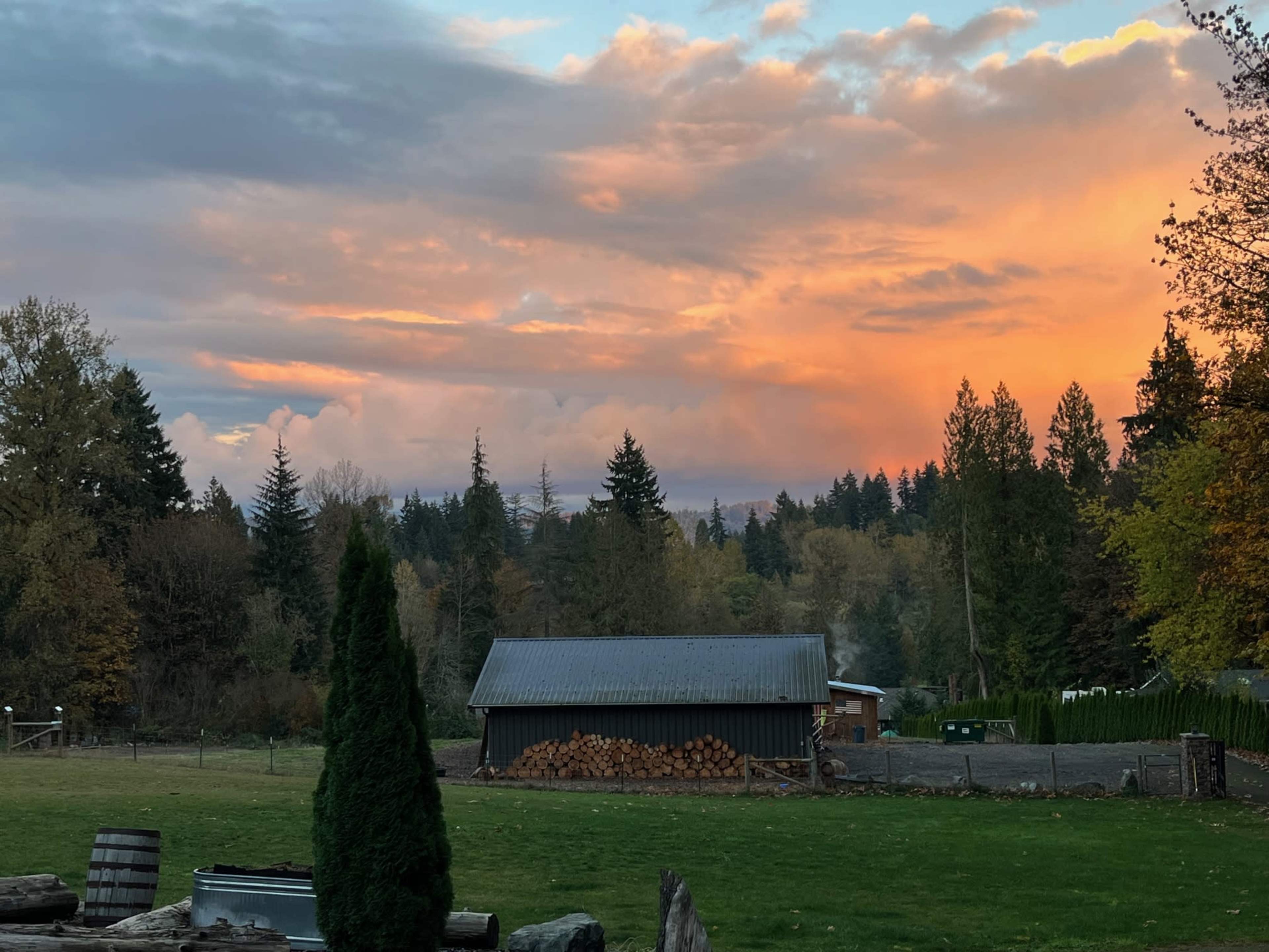 A wooden shed stands in a field as the sky displays orange and purple hues during sunset, with trees in the background.
