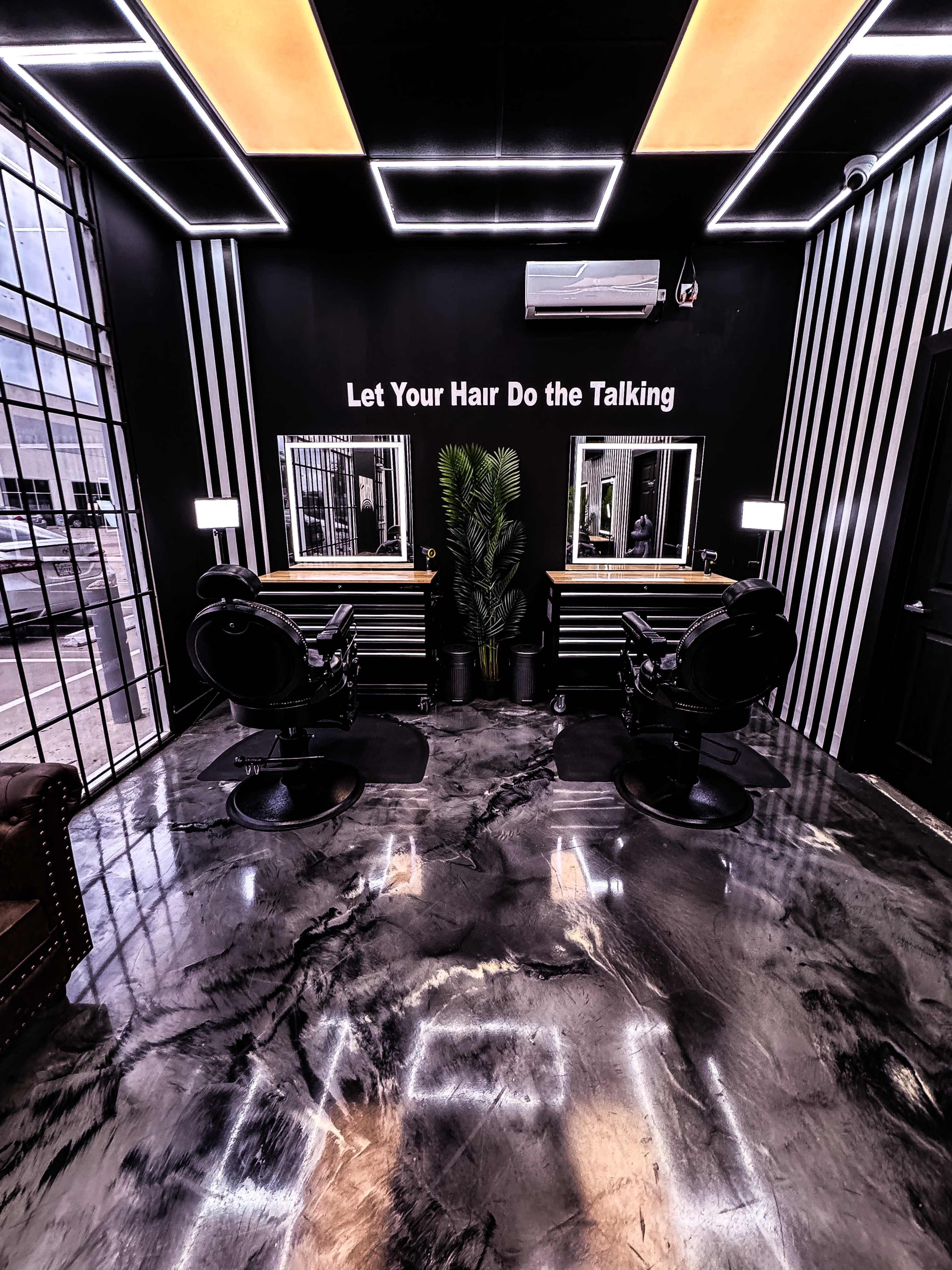The image shows a modern hair salon with two styling chairs, mirrors, and a large potted plant, set against a backdrop of black and white striped walls.