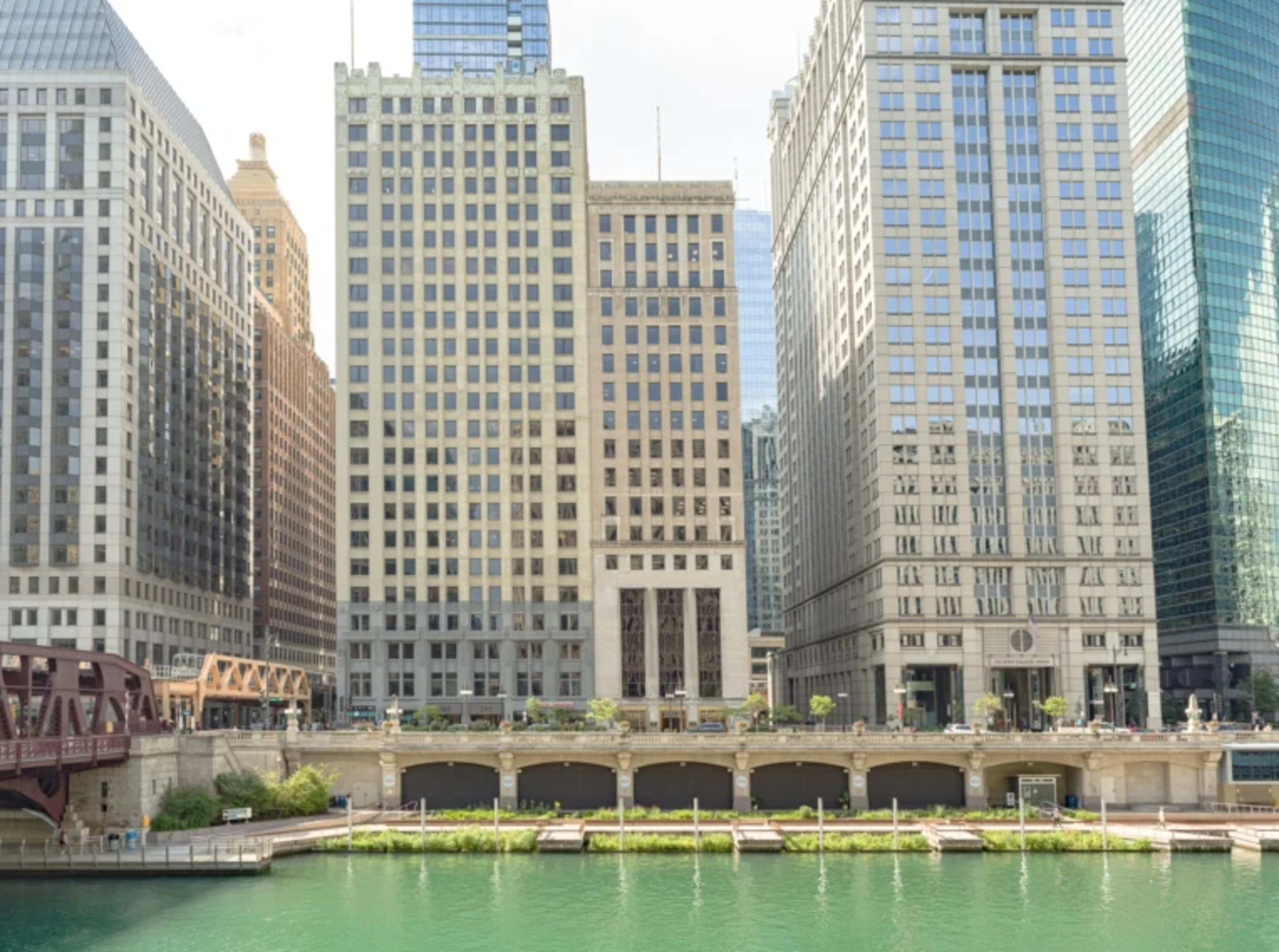 The image shows a view of tall buildings along a river, with a bridge in the foreground and green water reflecting the structures.