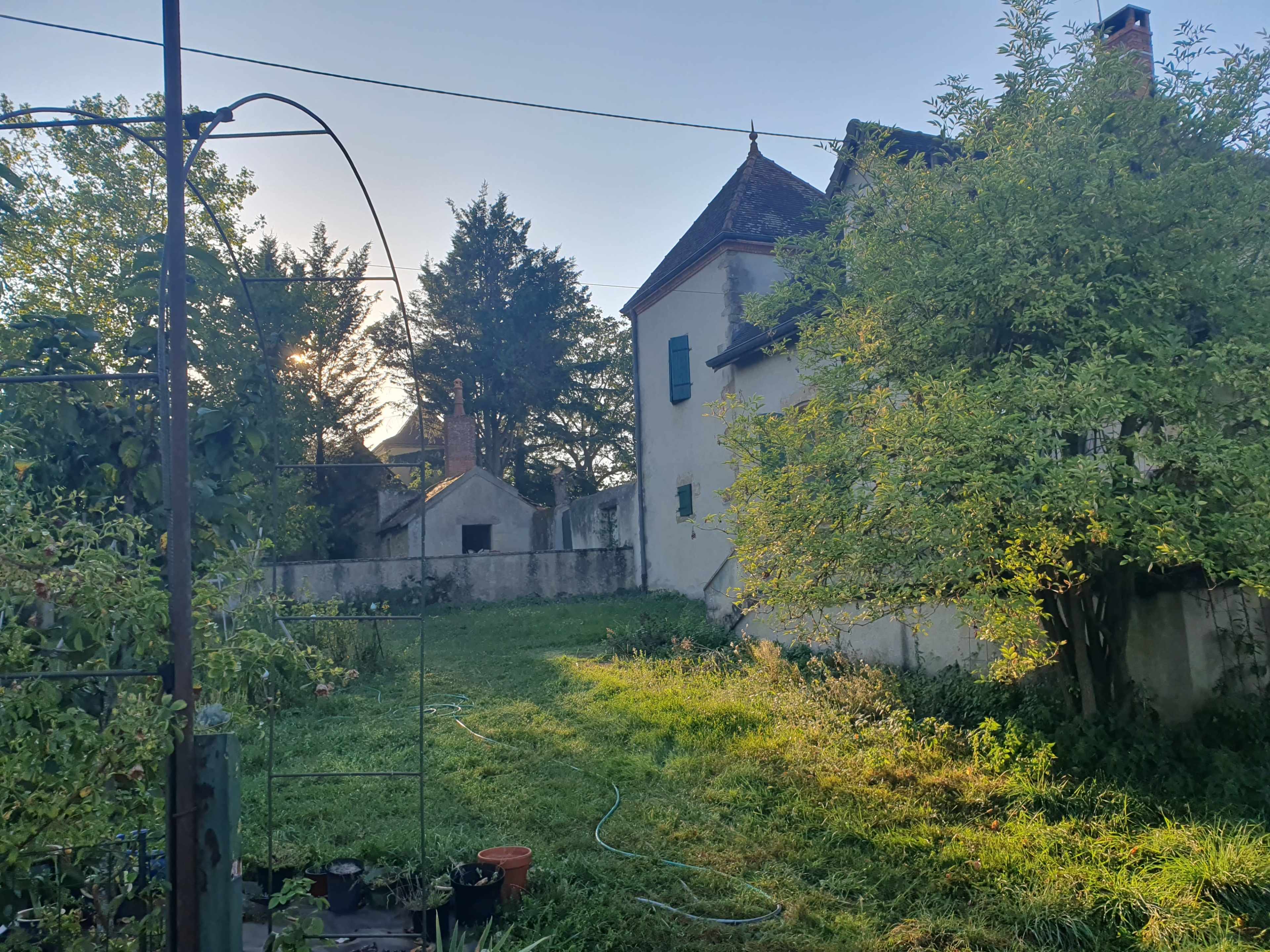 The image shows a grassy backyard with a house on one side and a few trees, along with a garden trellis and pots scattered on the ground.
