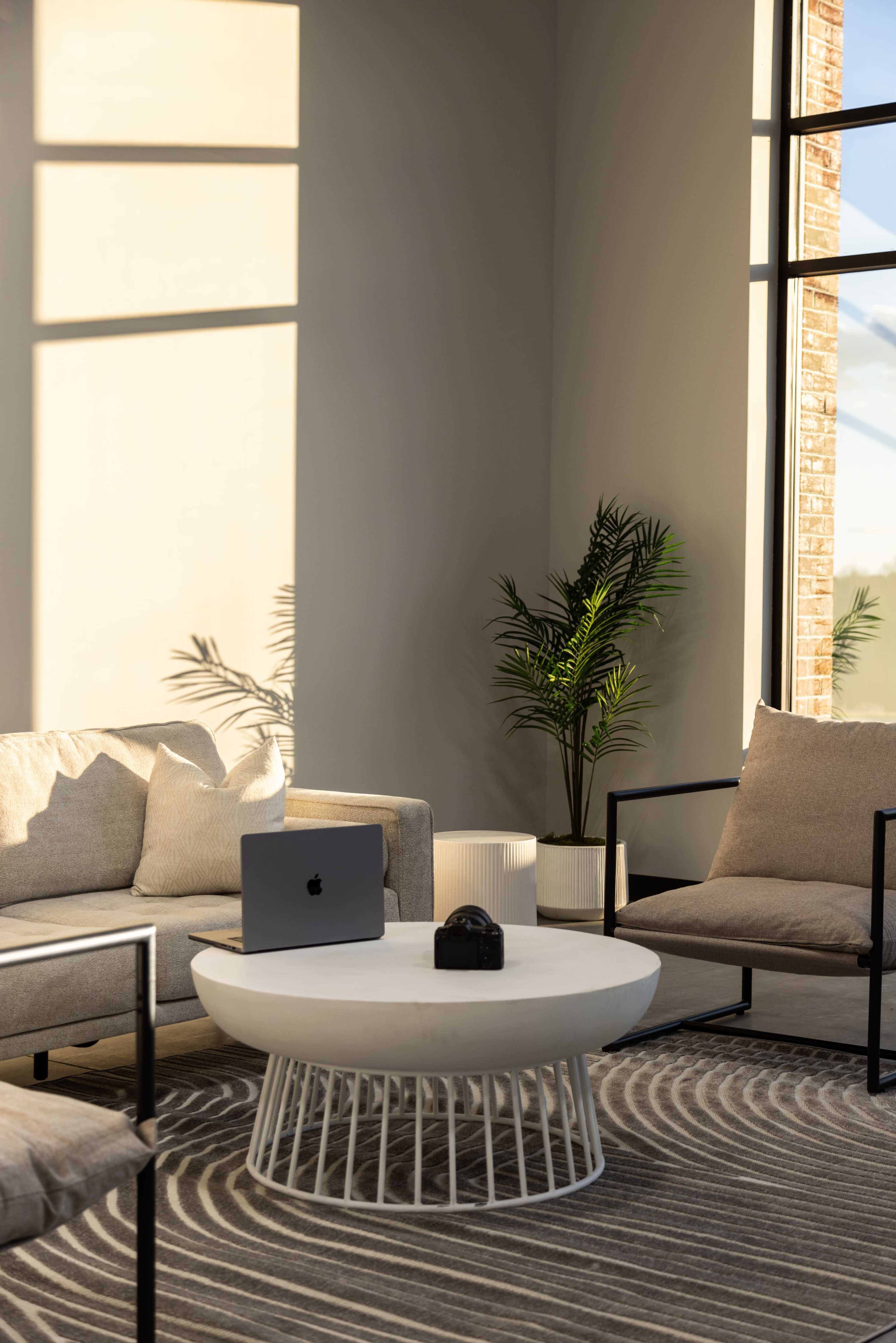 A modern living space features a circular coffee table with a laptop and camera, surrounded by light-colored sofas and an armchair, next to a plant by a window.