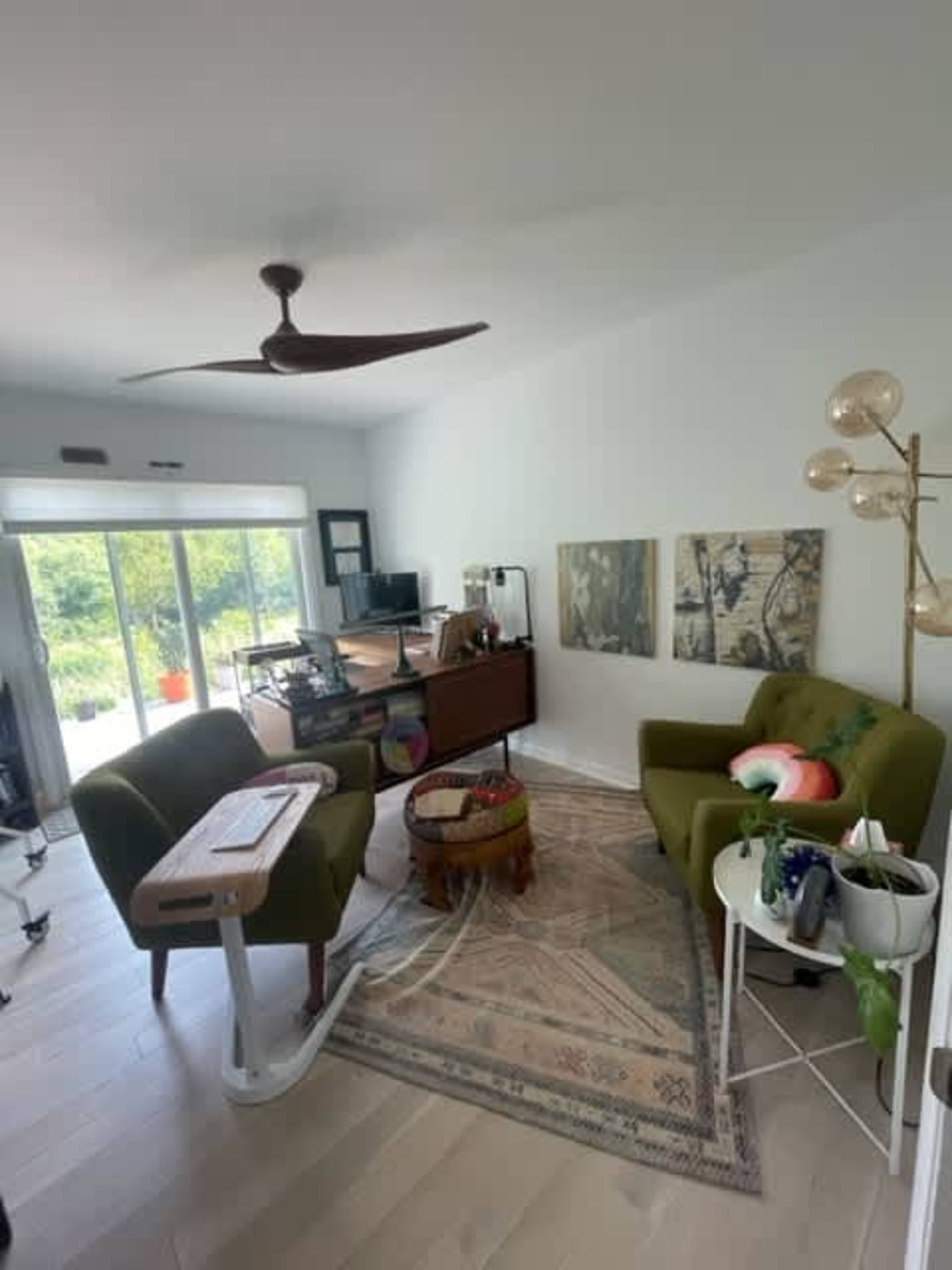 A minimalist living room features two green chairs, a wooden desk, and a rug, with large windows allowing natural light.