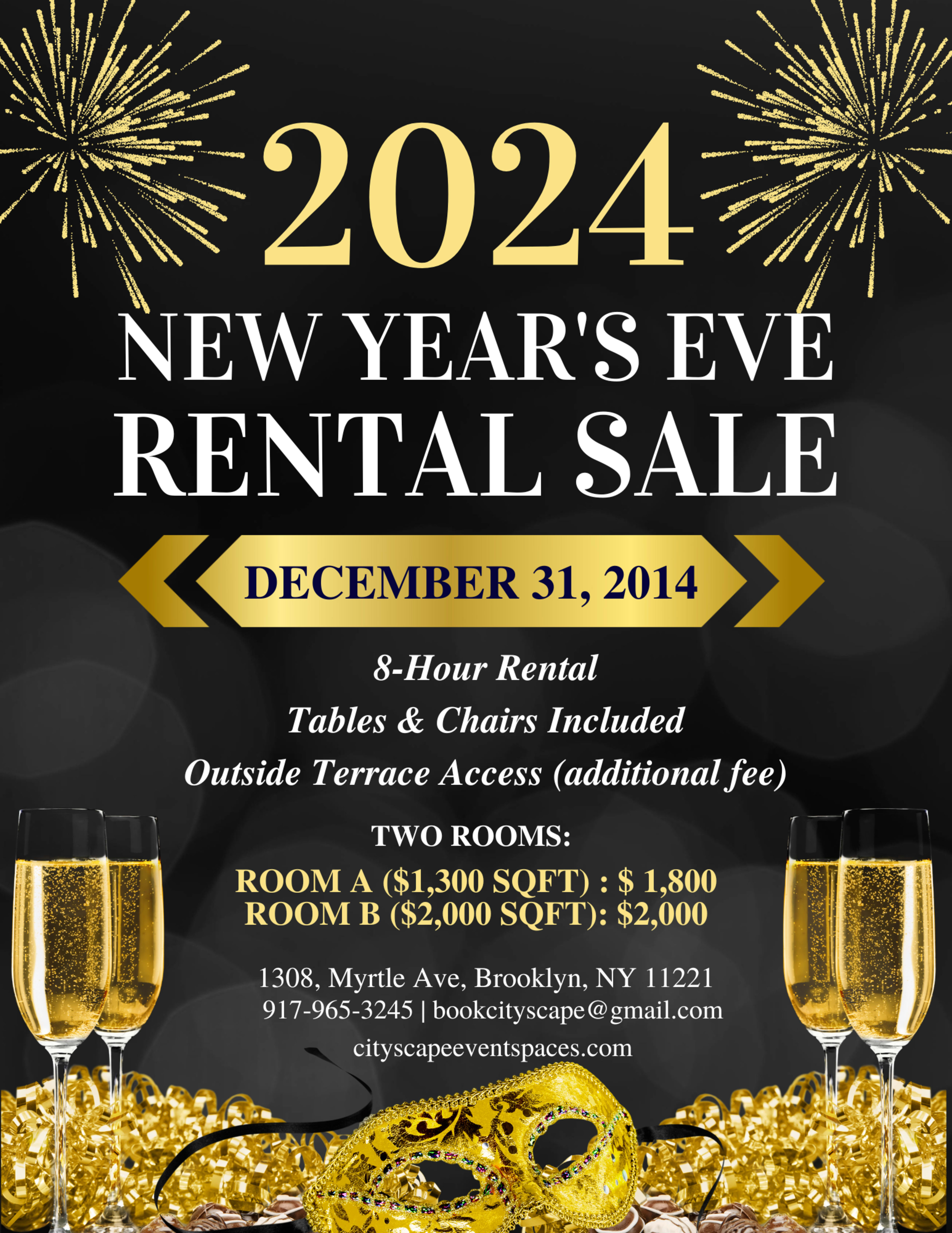 The image is a promotional flyer advertising a New Year's Eve rental sale for two rooms, including pricing, contact information, and event details for December 31, 2014.