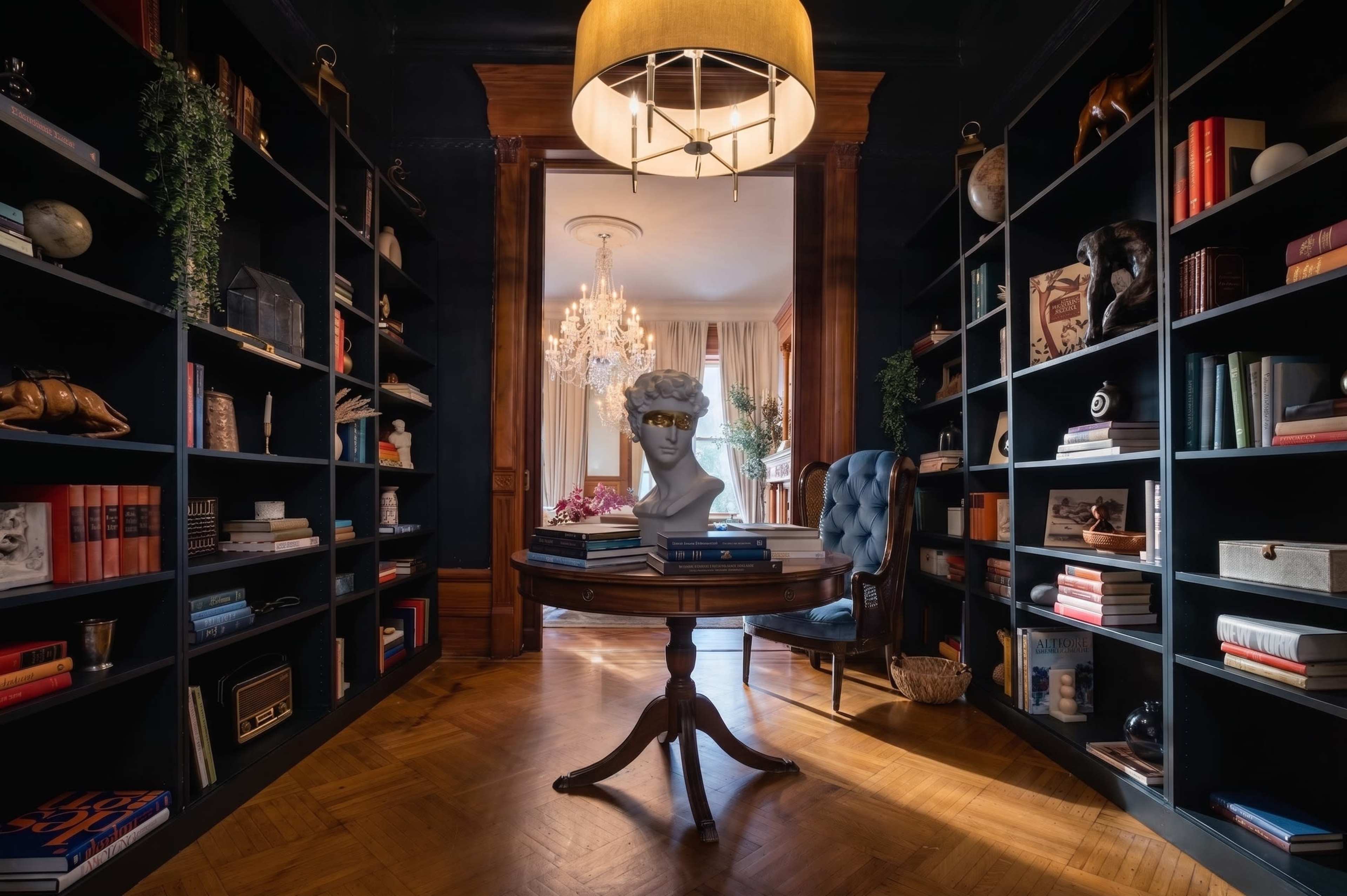 The image shows a well-lit library featuring dark blue shelves filled with books and decorative items, centered around a round table with a bust sculpture and a blue upholstered chair, beneath a large pendant light.
