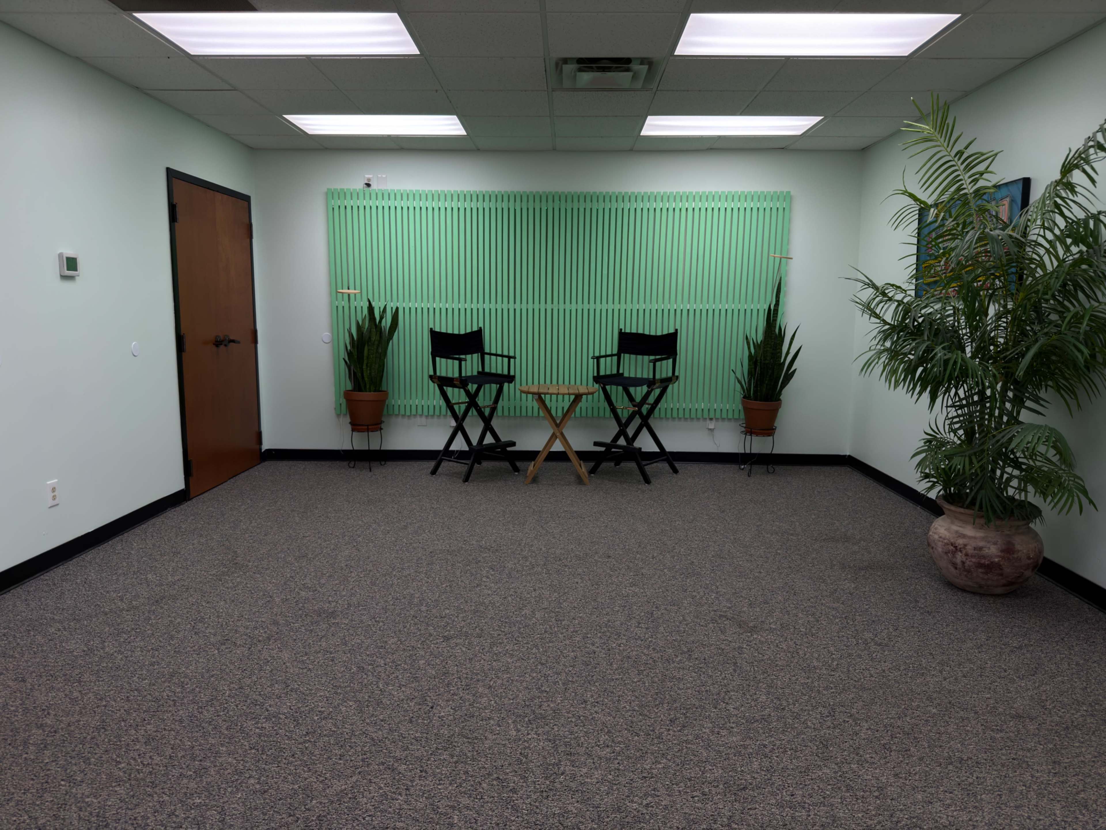 The image shows an empty room with light green walls, two director's chairs facing each other, a small table between them, and potted plants in the corners.