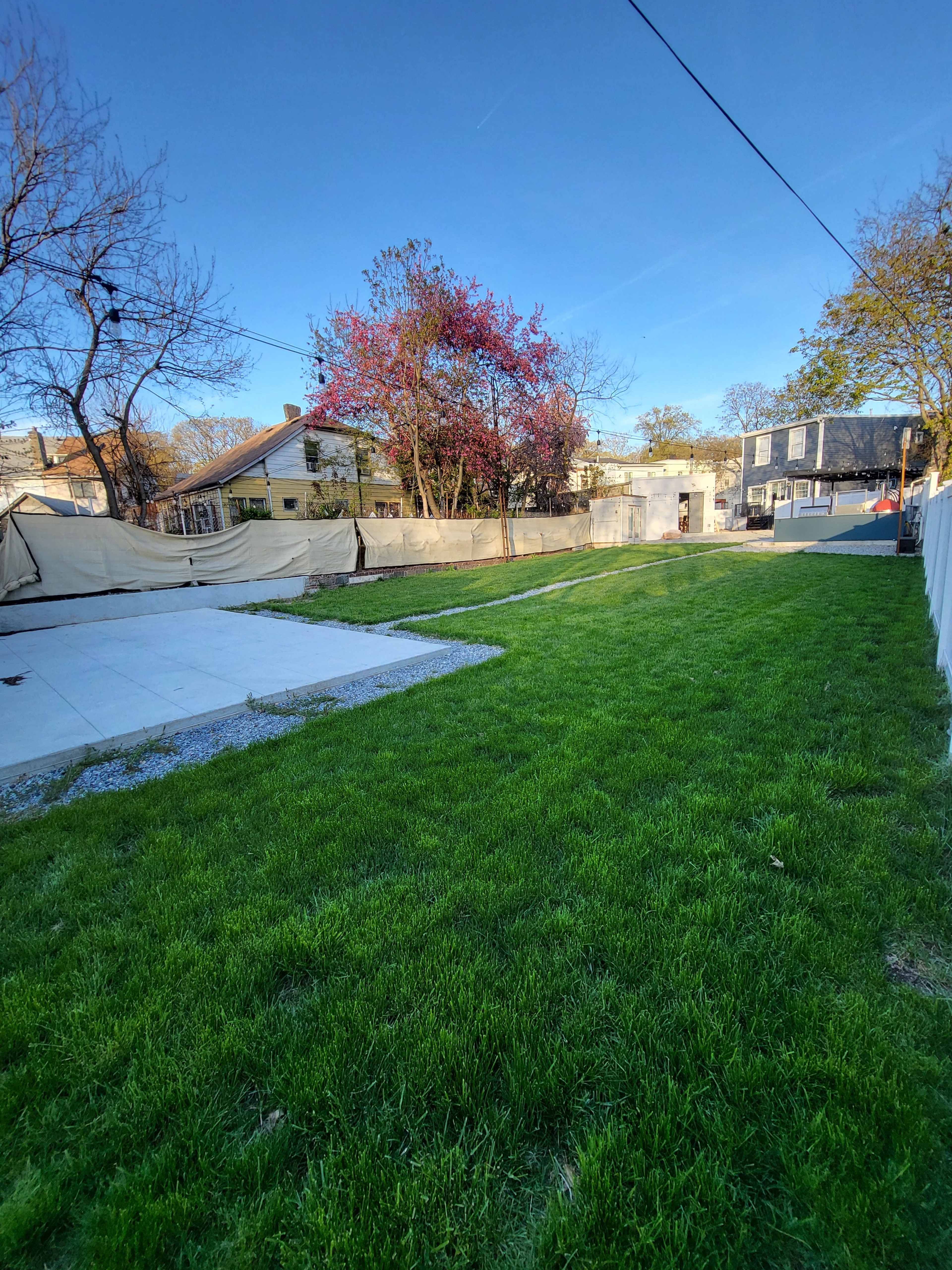 The image shows a grassy backyard with a gravel path, a tent-like structure, and several trees, under a clear sky.