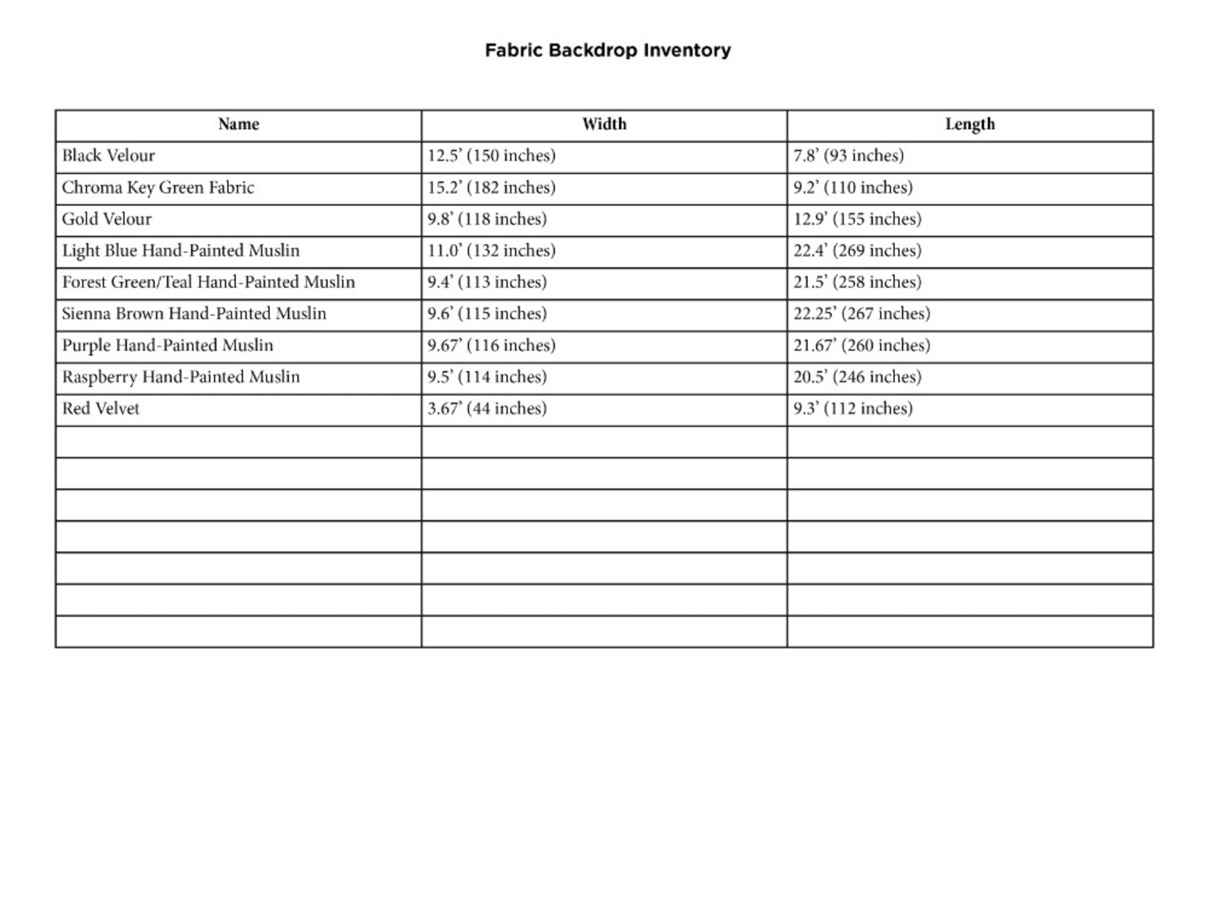 Fabric Backdrop Inventory - list + measurements