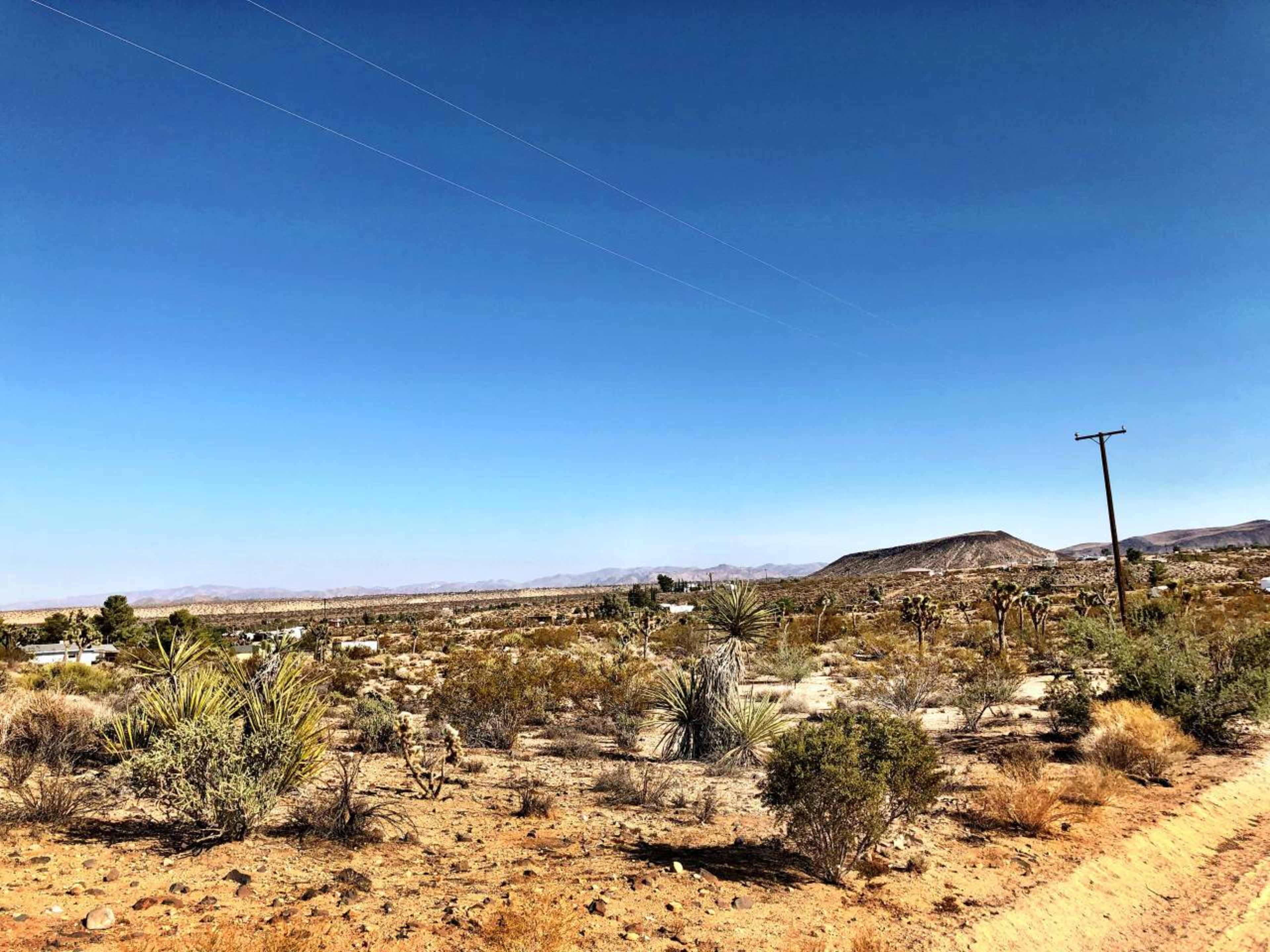 A dirt road leads through a desert landscape dotted with sparse vegetation and distant mountains under a clear blue sky.