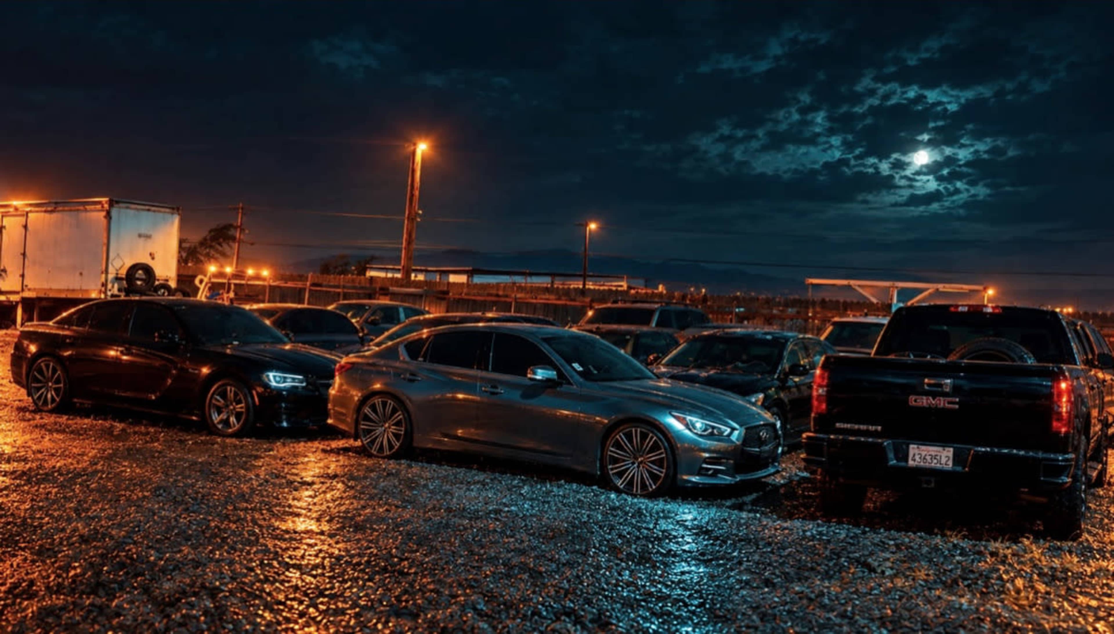 A row of parked cars is illuminated by streetlights in a gravel lot at night, with a moonlit sky in the background.
