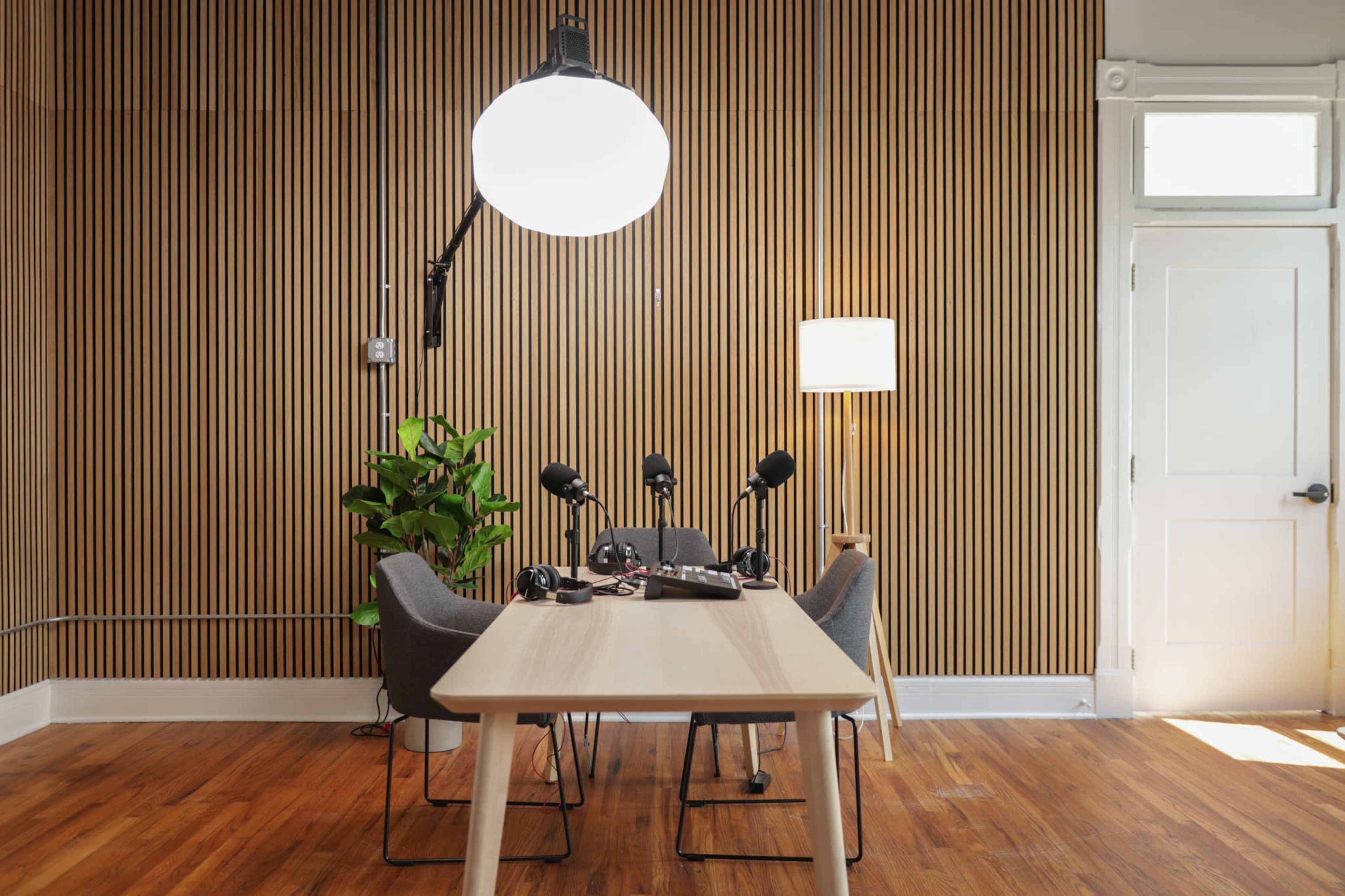 A minimalistic recording studio features a wooden table, microphones positioned on the table, a large hanging light, a lamp, and a potted plant against a slatted wooden wall.