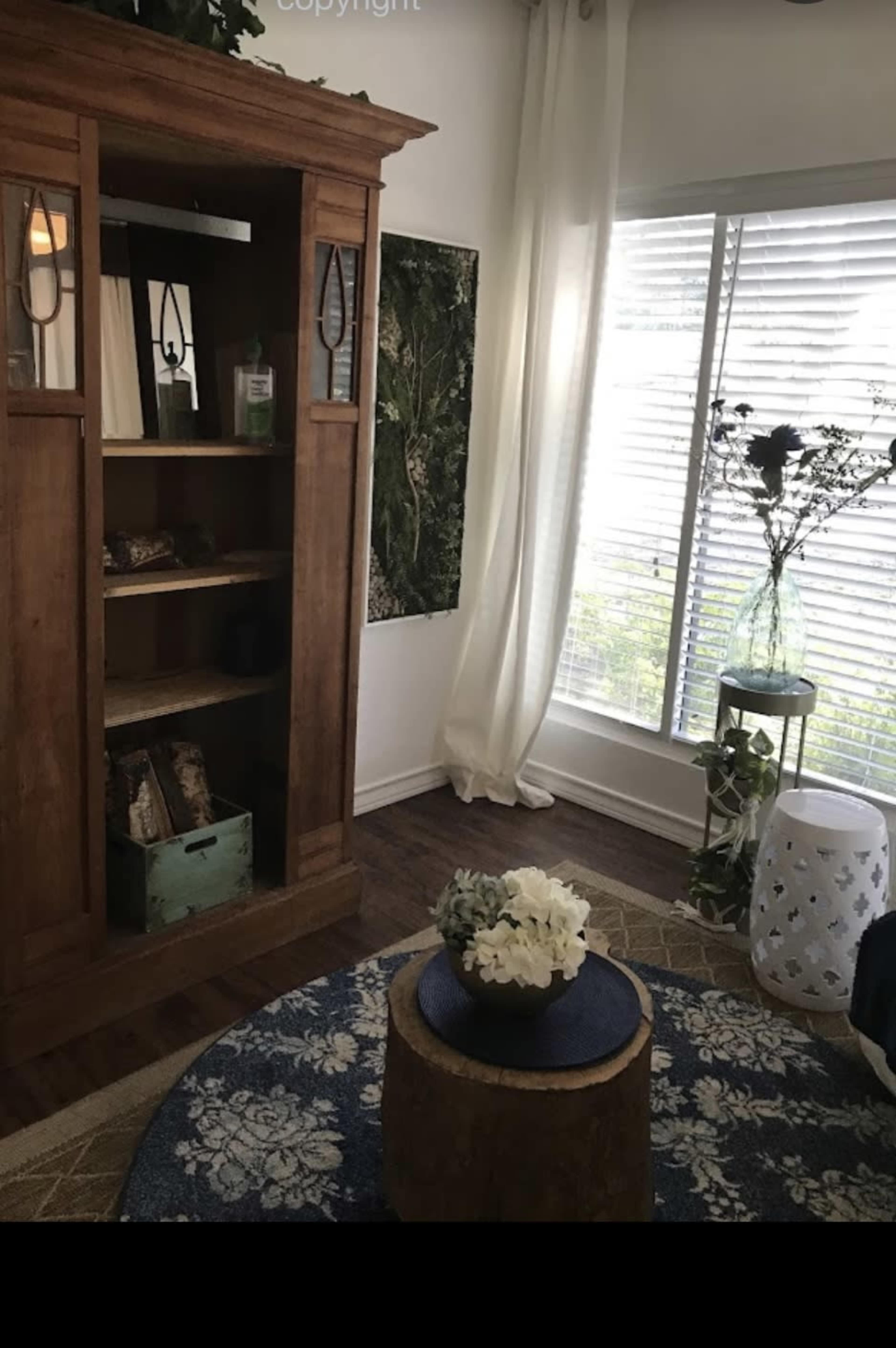 The image shows a cozy interior space featuring a wooden bookshelf, a round blue rug, a decorative stool, and large windows with sheer curtains.