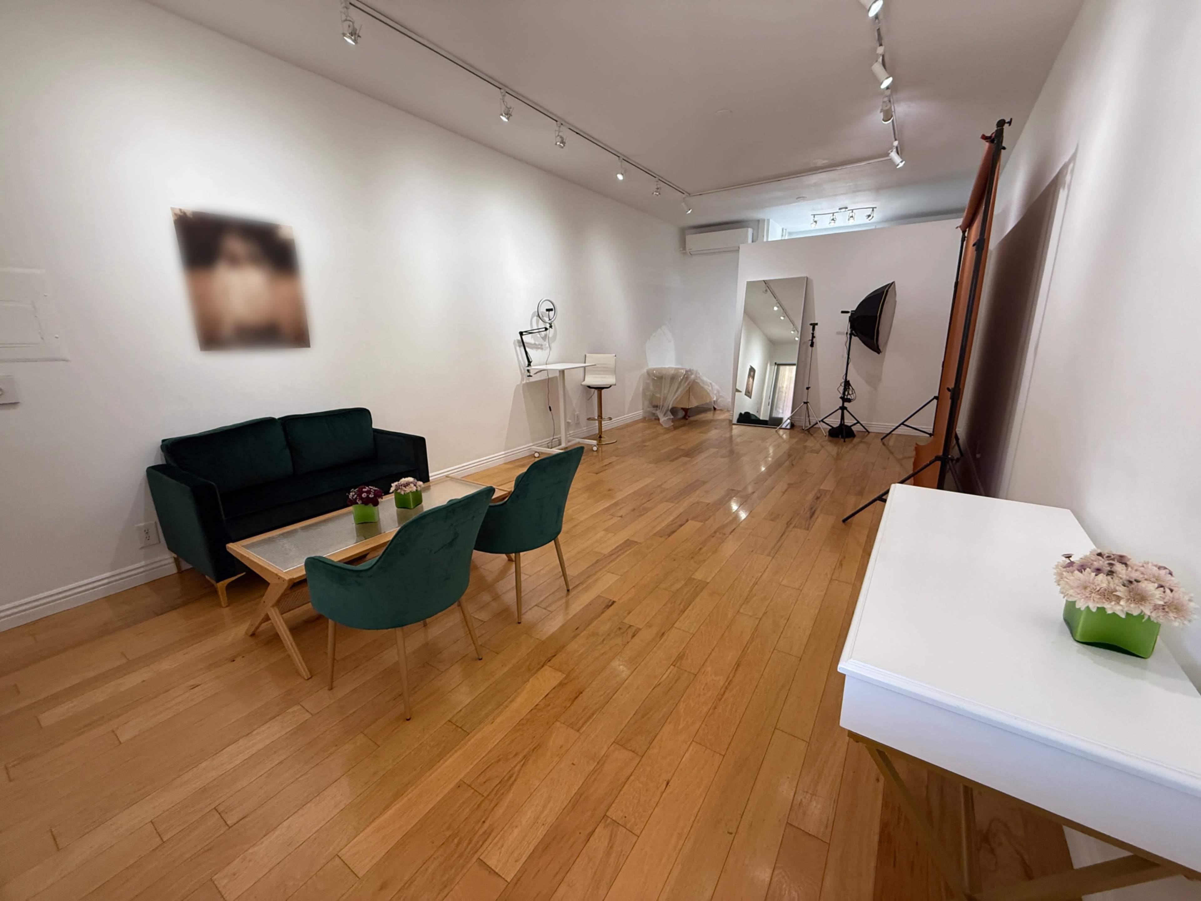 The image shows a spacious room with wooden flooring, featuring a green sofa, a coffee table, and several photography equipment setups along with a white dresser and decorative flowers.