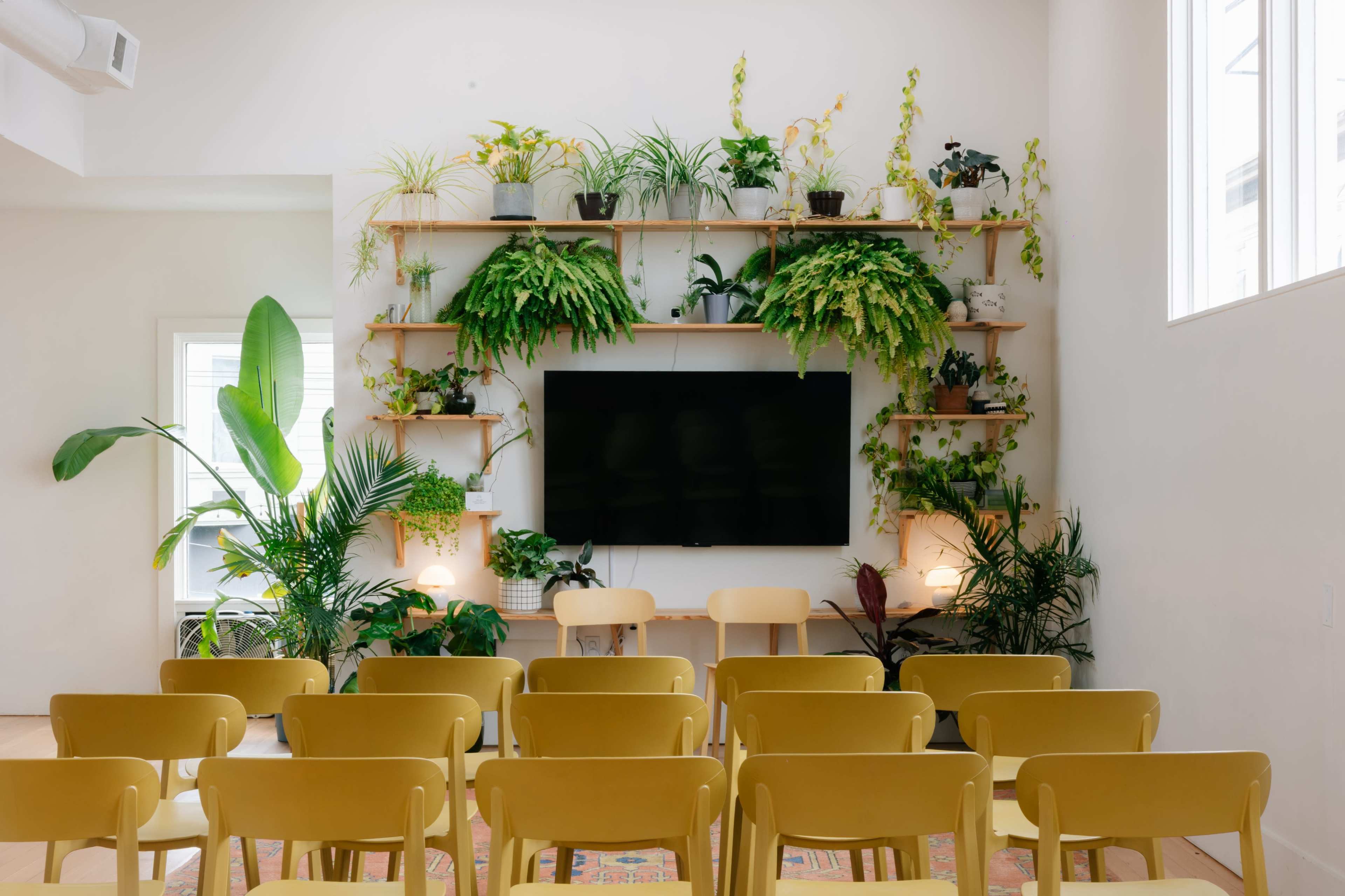 A modern meeting room features a television mounted on a wall adorned with various plants, while yellow chairs face the screen in a neatly arranged setting.
