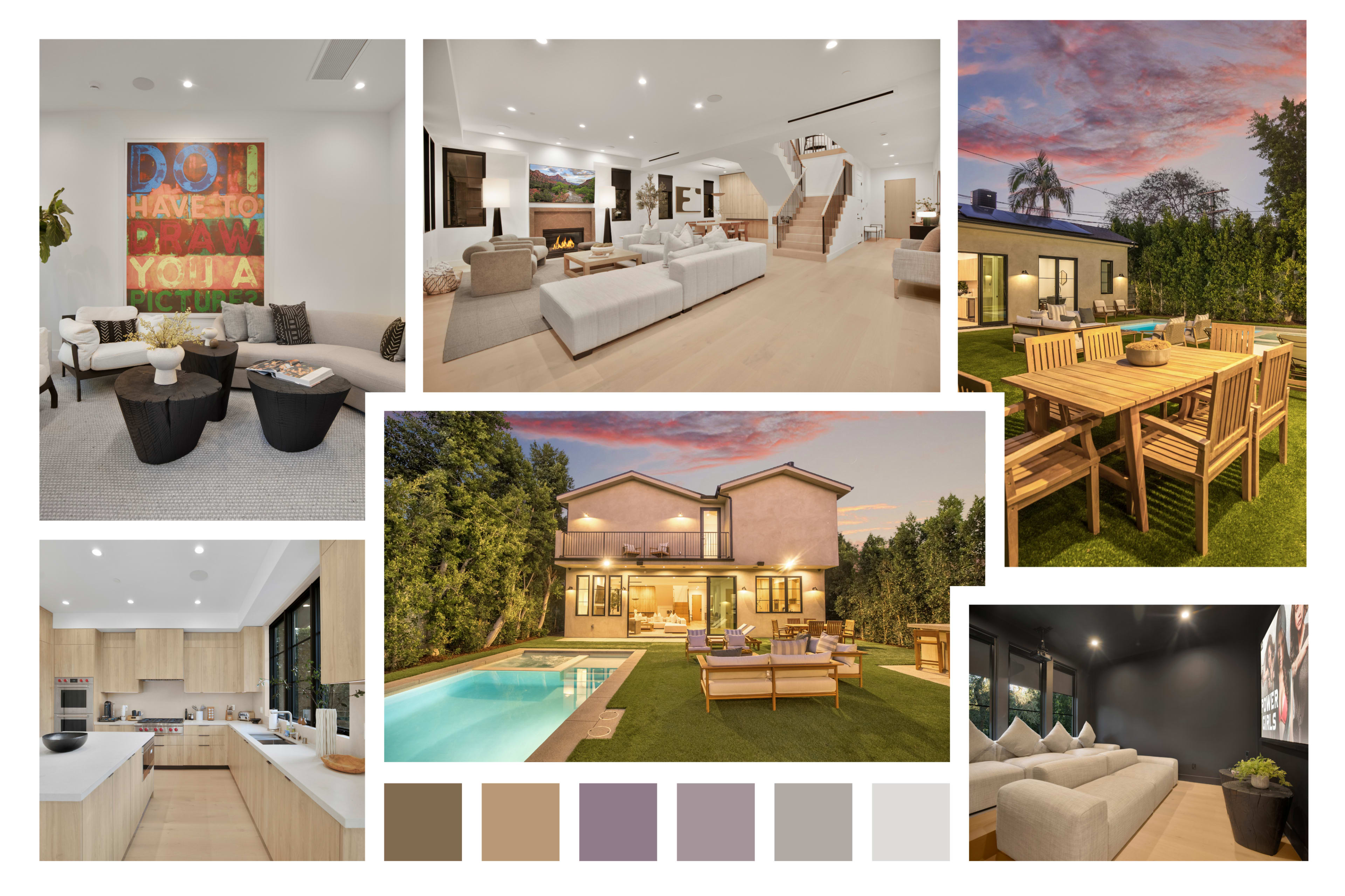 The image showcases a modern home with an inviting interior, outdoor living spaces, a swimming pool, and a vibrant sunset sky.