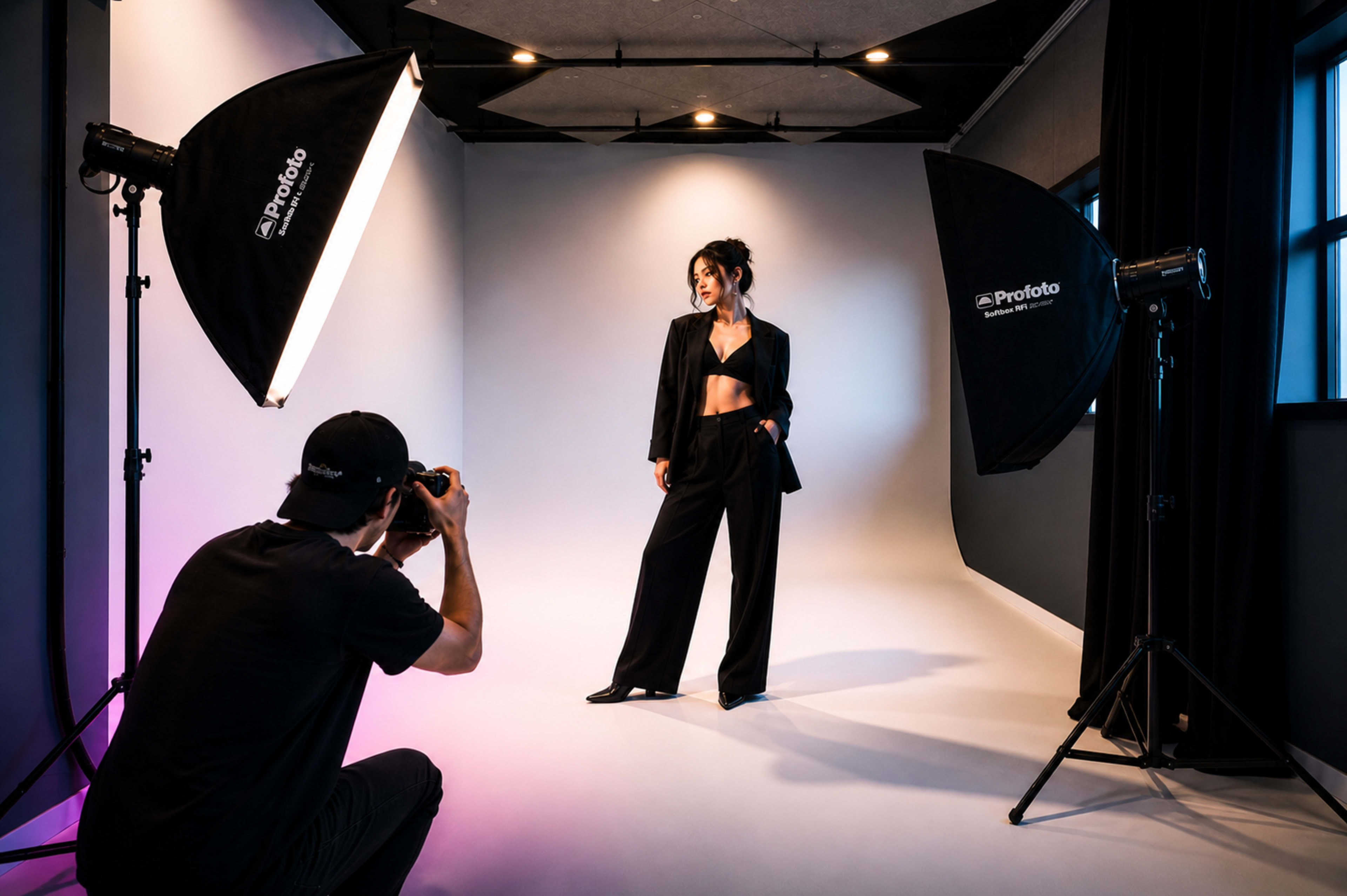 A photographer captures a model in a black outfit against a backdrop with studio lighting.