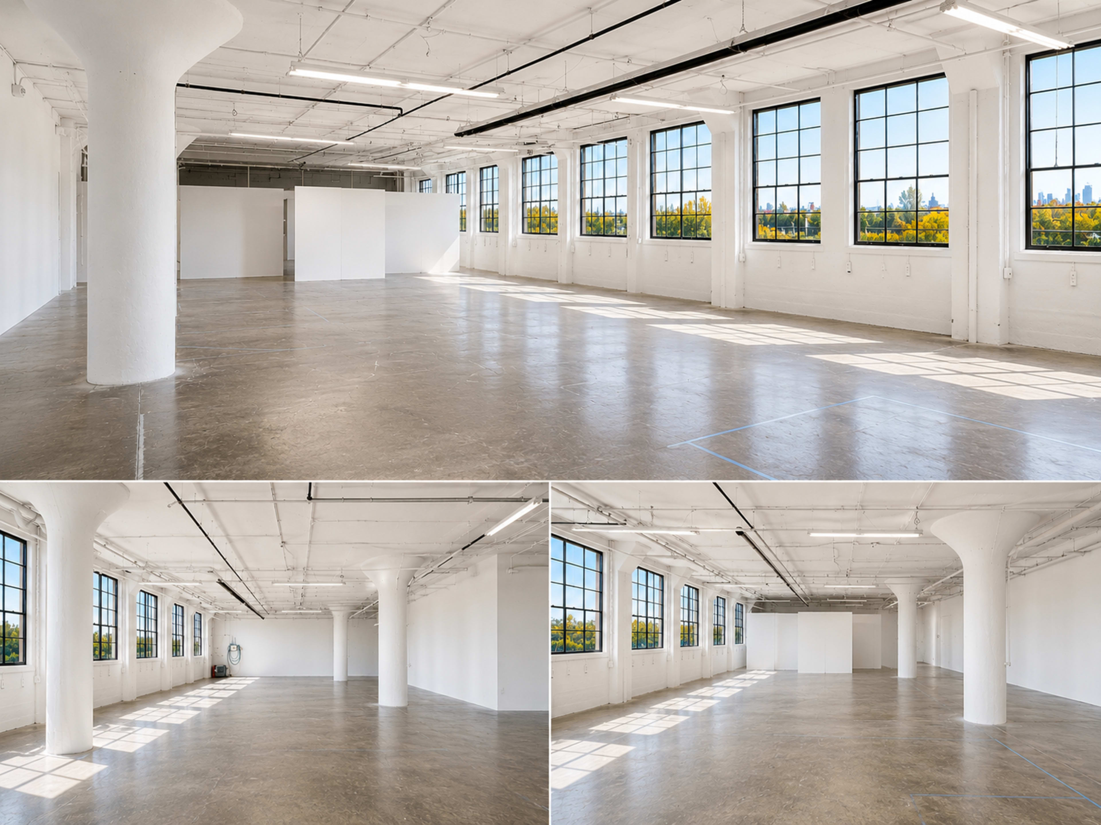 The image shows a spacious, empty industrial-style room with large windows and polished concrete floors, featuring white walls and pillars.