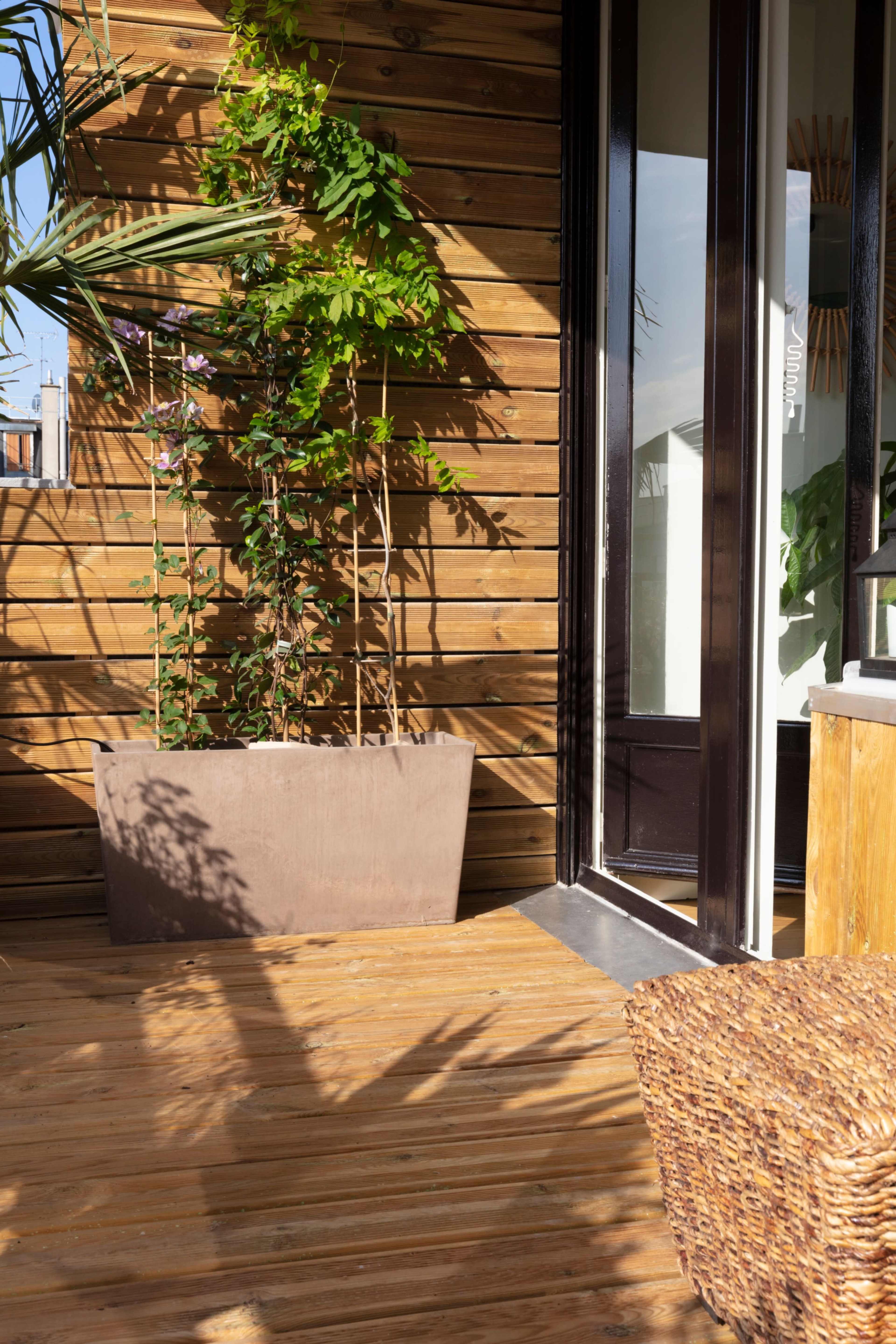 A large planter with green plants stands on a wooden deck next to a tall glass door.