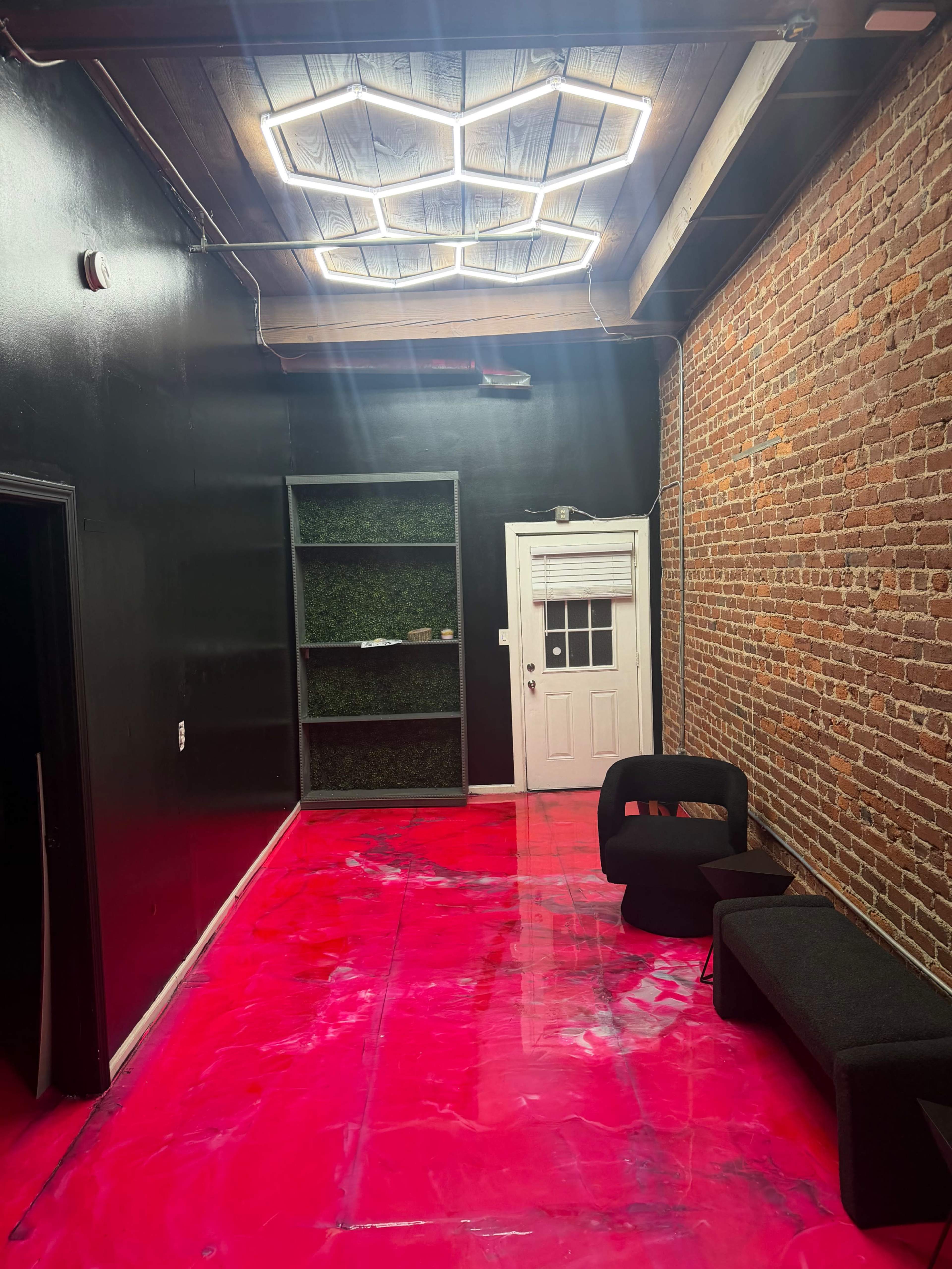 The image shows a narrow hallway with a bright pink resin floor, a black wall, a brick wall, a small bookshelf, and a door at the end.