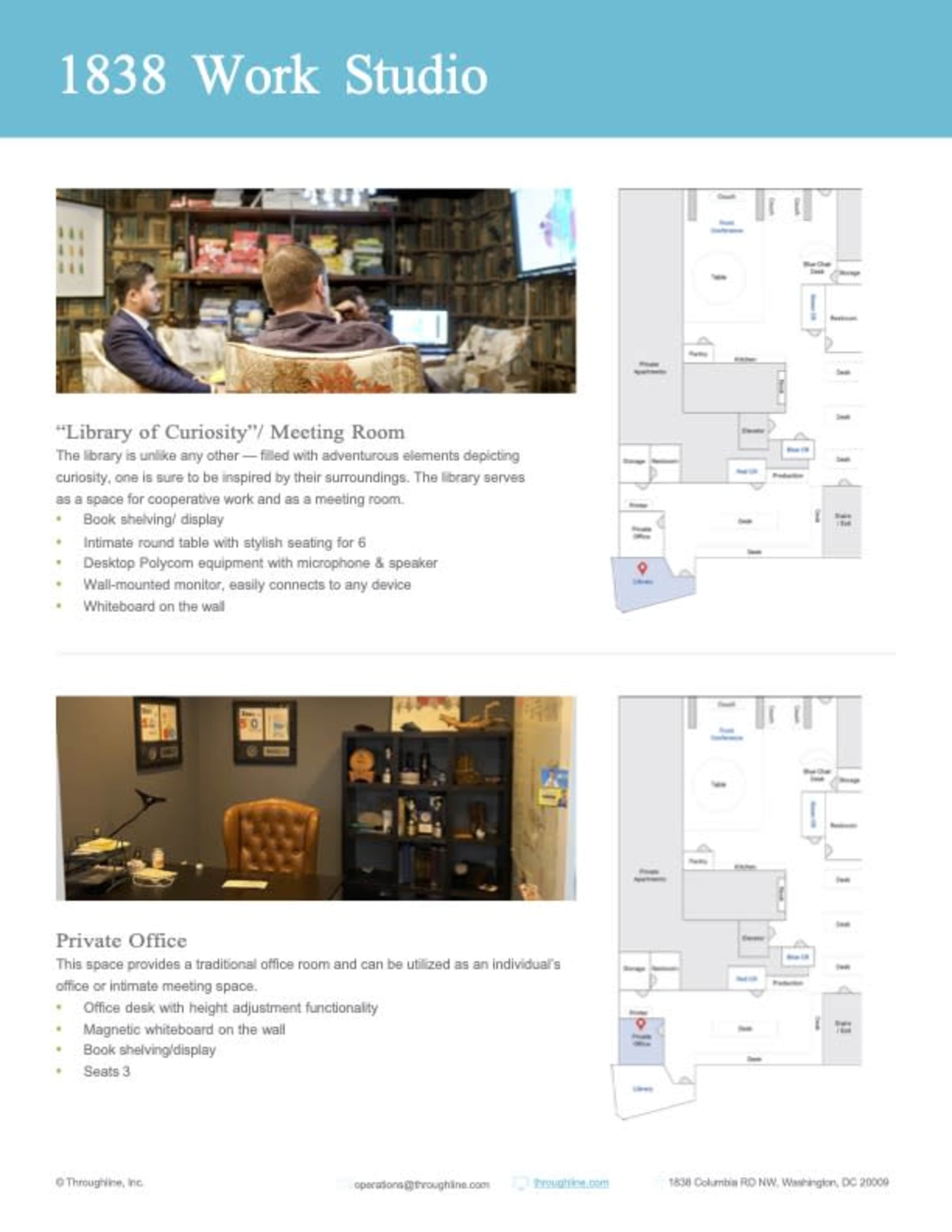 The image displays a flyer for the "1838 Work Studio," highlighting the "Library of Curiosity" meeting room and a private office layout.
