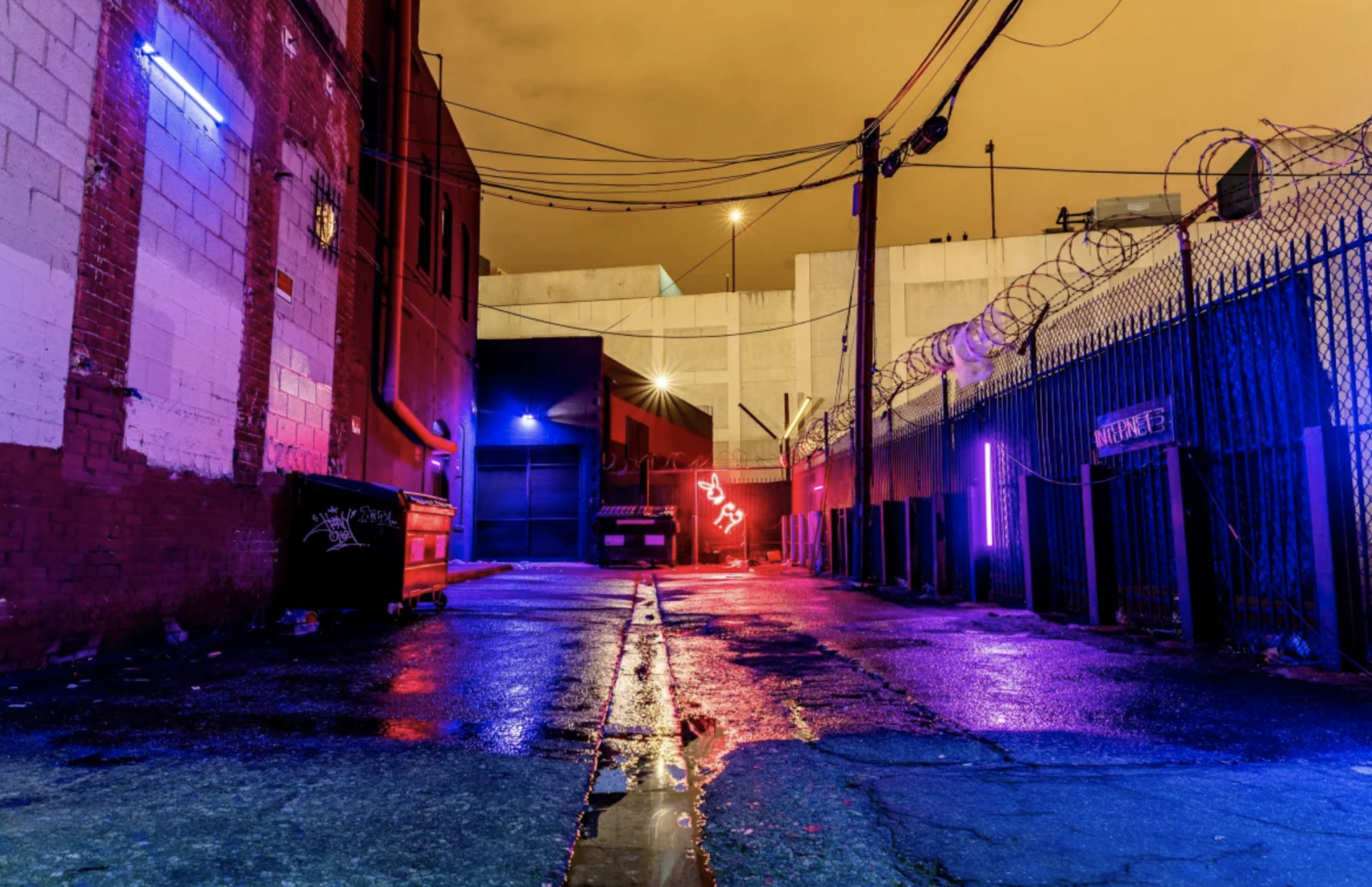 A narrow alleyway illuminated by colorful neon lights, bordered by brick walls and a chain-link fence.