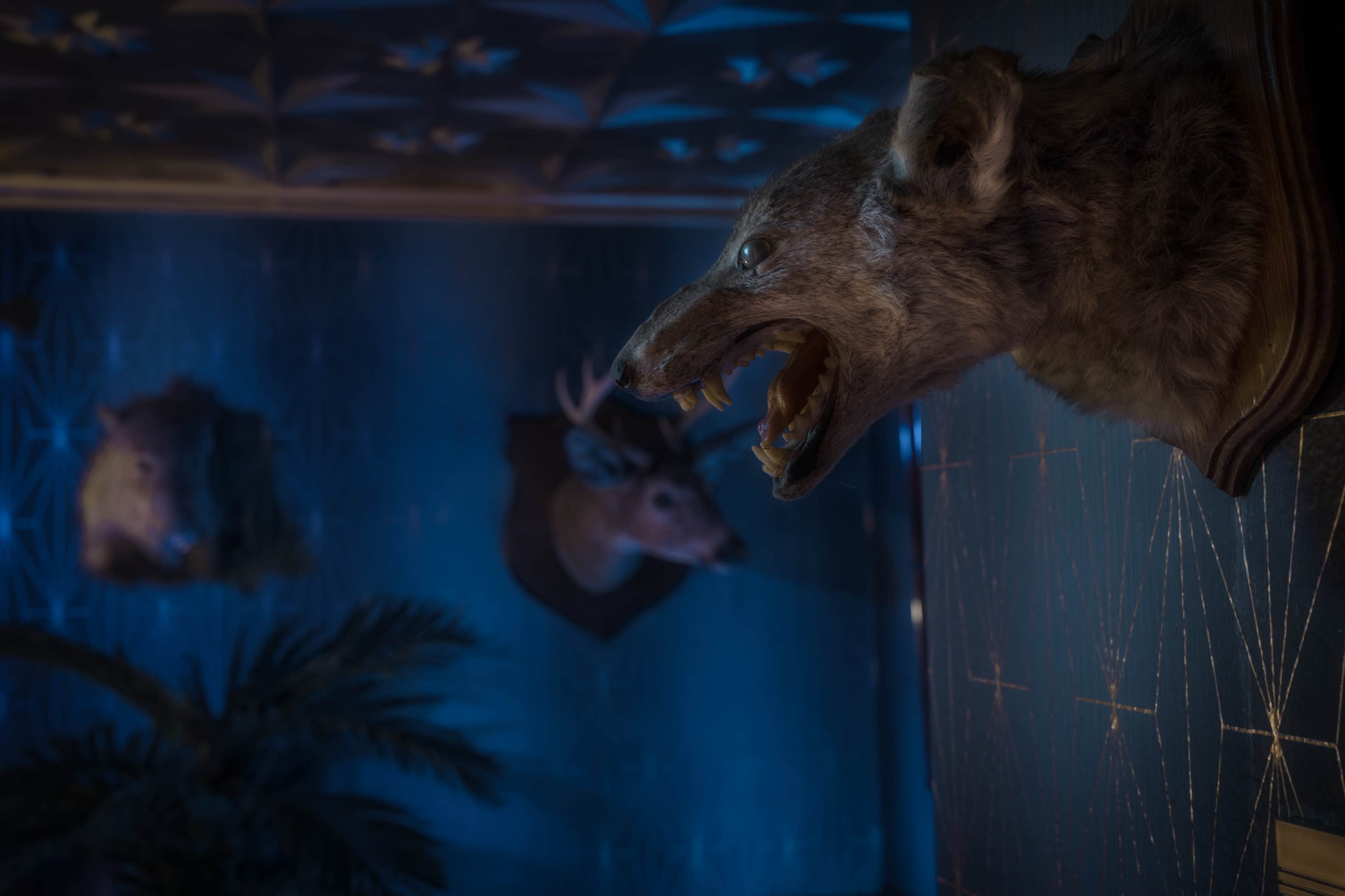 The image features taxidermy animal heads mounted on a wall, with a snarling canine-like head in the foreground and a deer head in the background, all set in a dimly lit, patterned room.