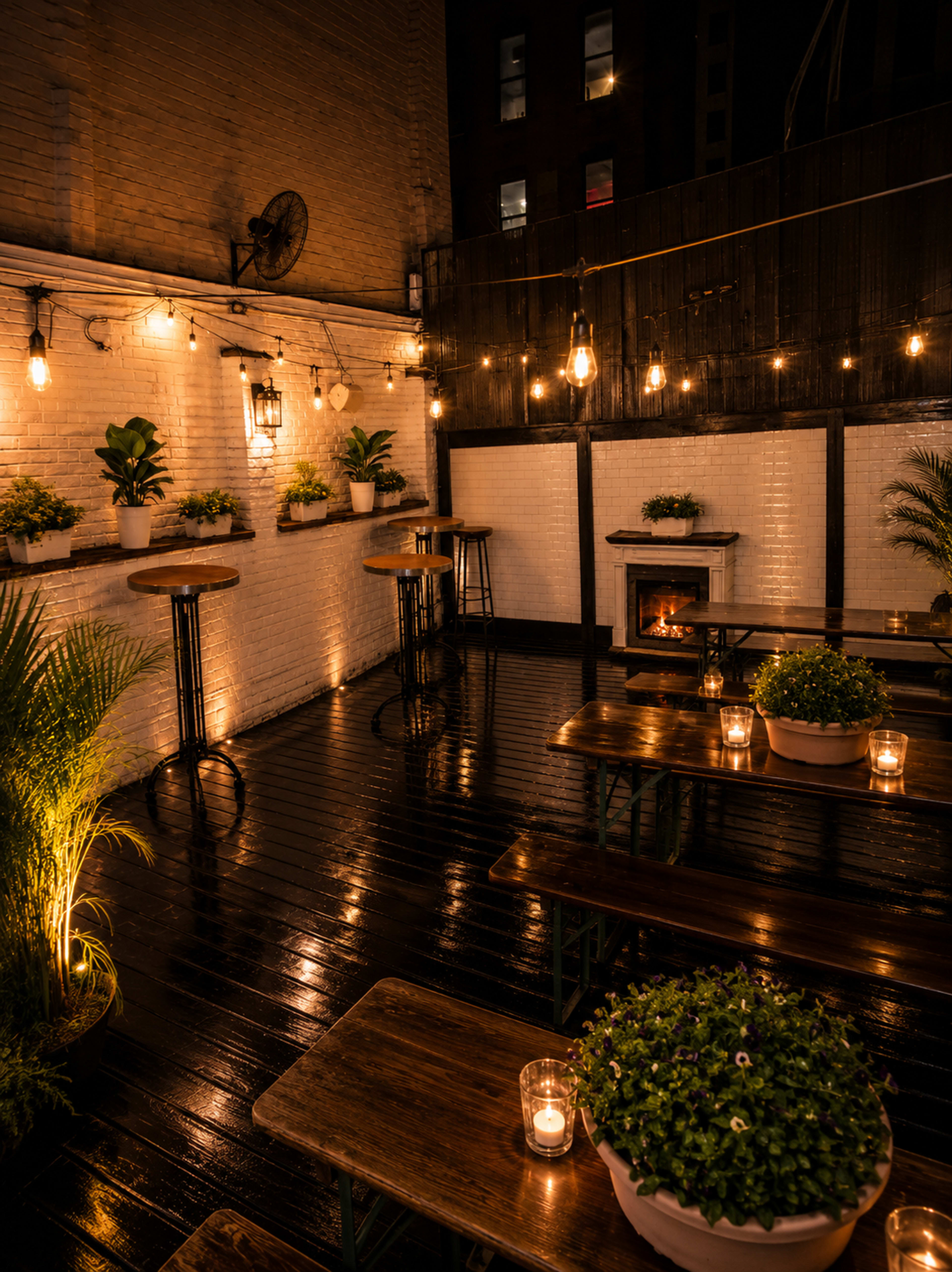 The image shows a dimly lit outdoor seating area of a restaurant, featuring wooden tables, potted plants, and string lights.