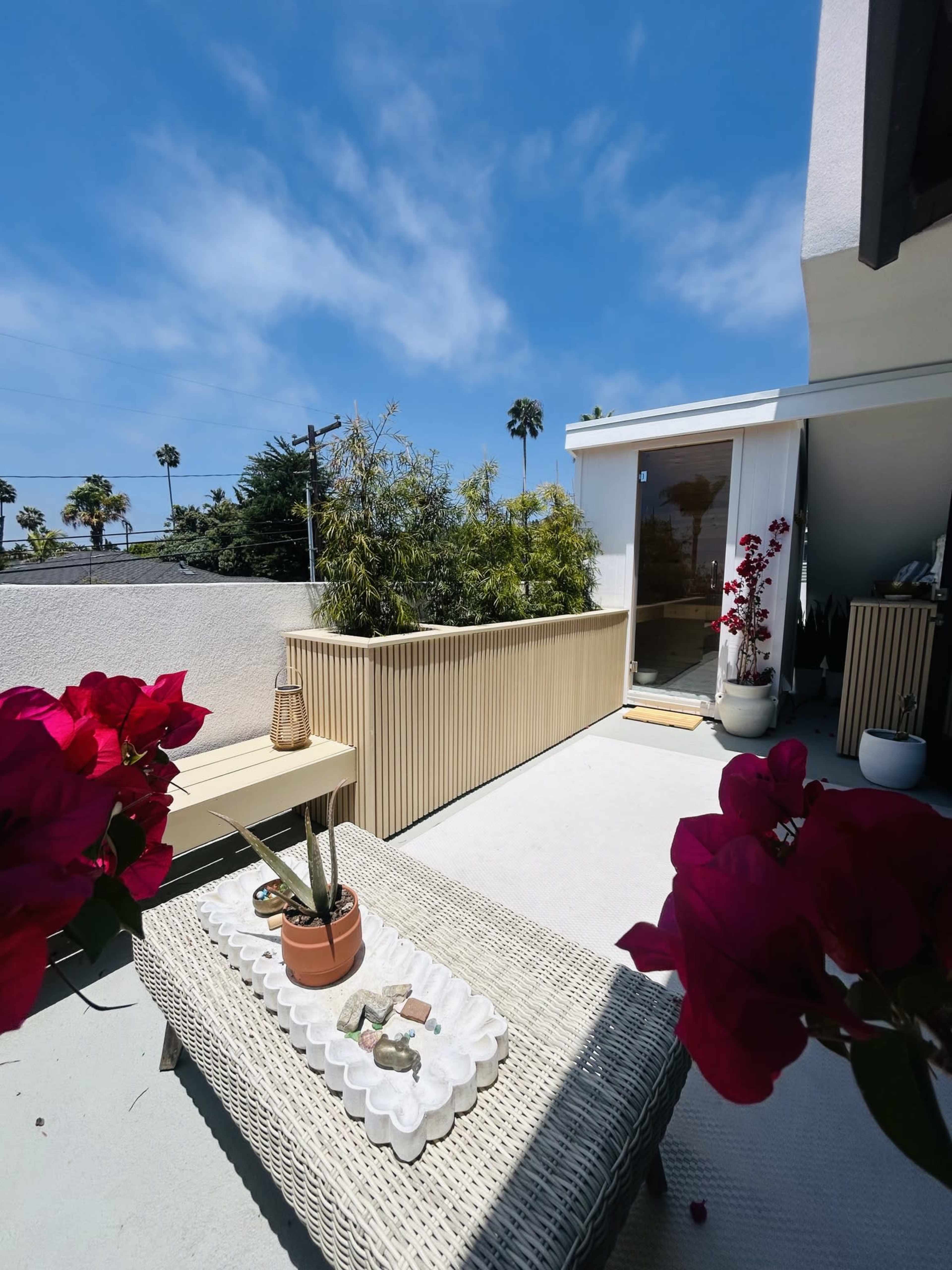 A patio area features a wicker table, potted plants, and a railing surrounded by palm trees under a blue sky.